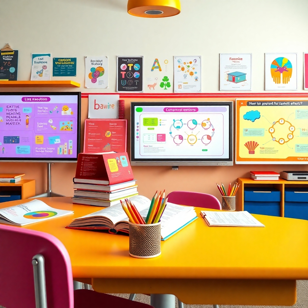 An ultra-high-resolution (8K) image showcasing a vibrant and engaging array of educational materials: textbooks, interactive whiteboards with colorful diagrams and animations, and engaging posters.  The lighting is bright and cheerful, with soft, diffused light to avoid harsh shadows. The color palette is bright, varied, and playful, utilizing warm colors to create a welcoming and stimulating atmosphere.  The materials should feature clear and legible typography, high-quality illustrations, and interactive elements. The composition showcases the materials arranged thoughtfully on a modern, brightly colored classroom desk.  The camera angle is slightly elevated and angled to create a dynamic perspective.  Textures of paper, digital screens, and classroom surfaces are highly detailed and realistic. The style references the clean lines and colorful approach of contemporary children's book illustrators and educational design. The final image should have a playful yet academic mood, representing the educational material’s high quality and engagement factor.  Include subtle environmental elements like a pencil case with colorful pencils.