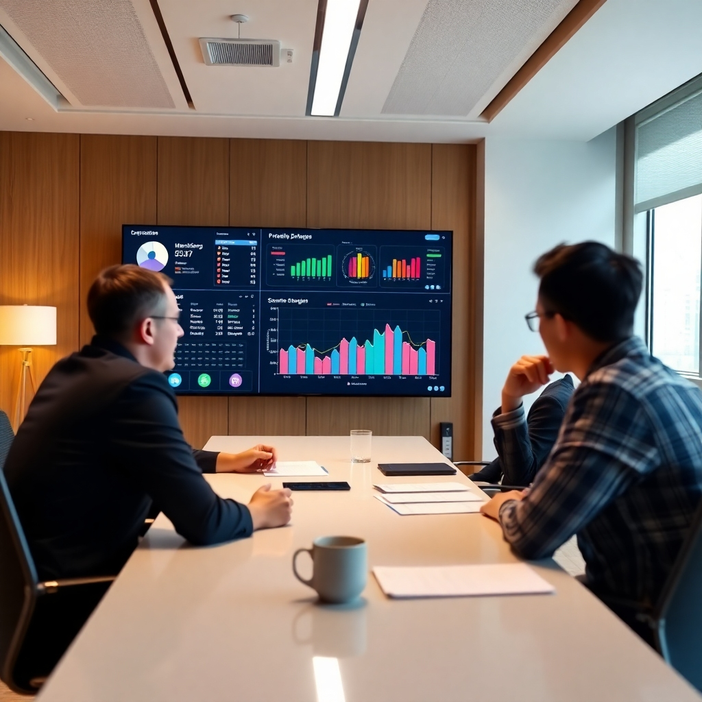 A team of marketing professionals deeply analyzing data on a large screen, showing demographics, interests, and consumer behavior. The scene should be bright, modern, and professional, conveying a sense of focused analysis and strategic planning.  High-resolution photorealistic image.