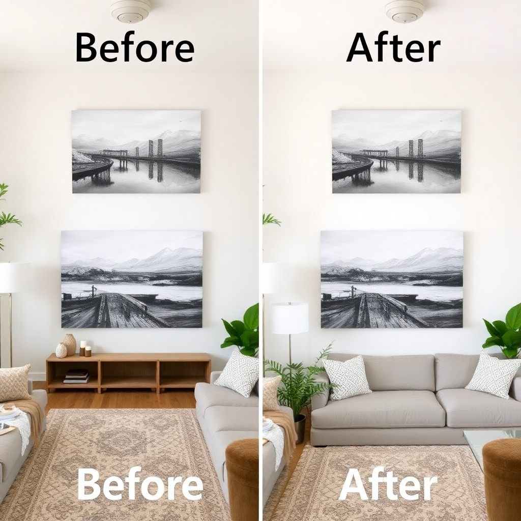 Before and after shots of a room with and without canvas prints, showing the impact on the overall look and feel of the space. 4K resolution.