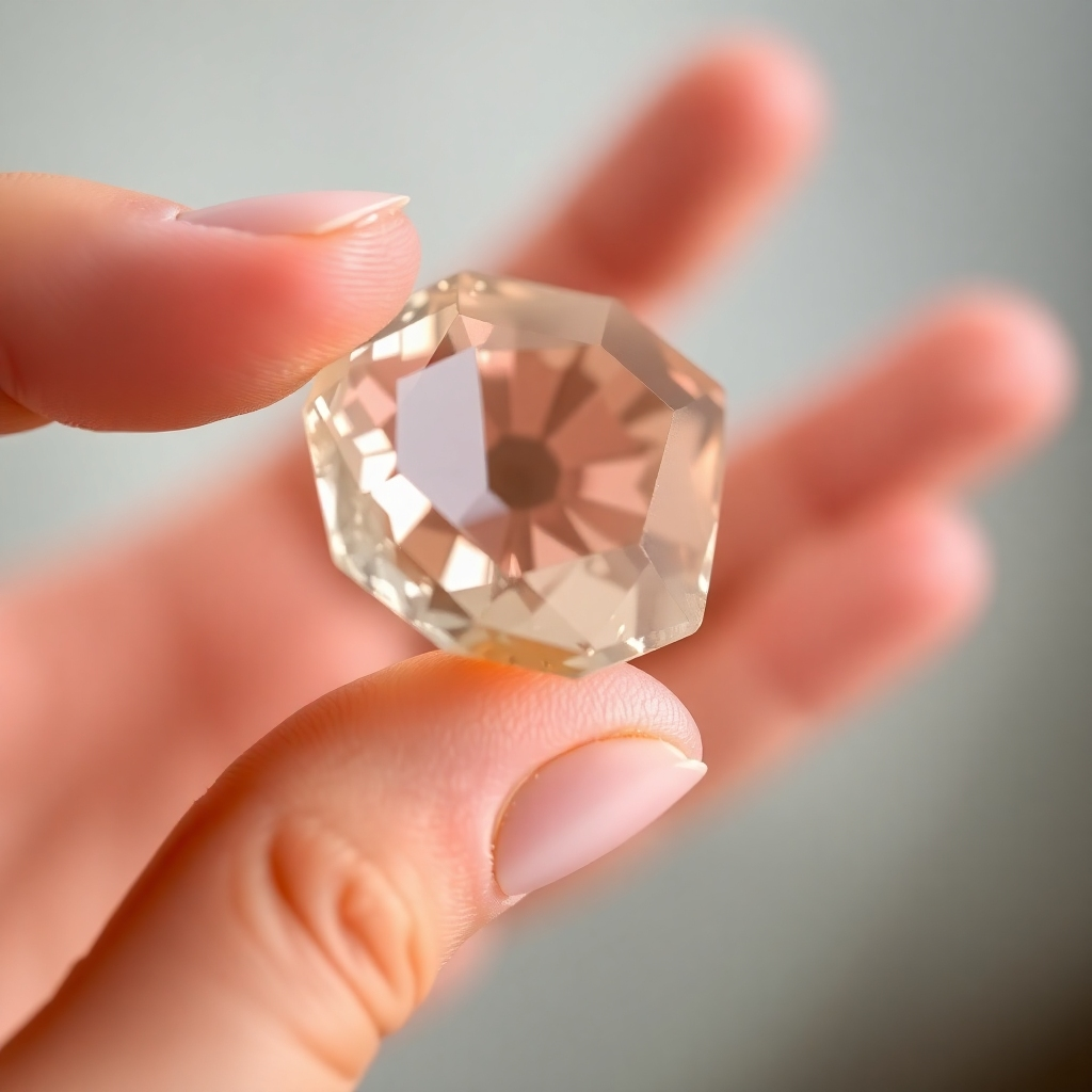Close-up of a hand inspecting a crystal. Highlighting the quality and detail.