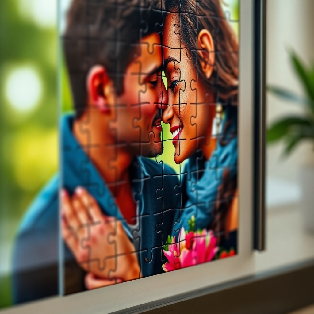 Close-up shot of a high-quality jigsaw puzzle, printed with vibrant colors using UV printing. The puzzle depicts a romantic couple, possibly a candid shot or a stylized portrait. The image should highlight the sharp details and rich colors of the UV printing.  The puzzle is in a sleek, modern frame.  High resolution, shallow depth of field, focus on the puzzle pieces.