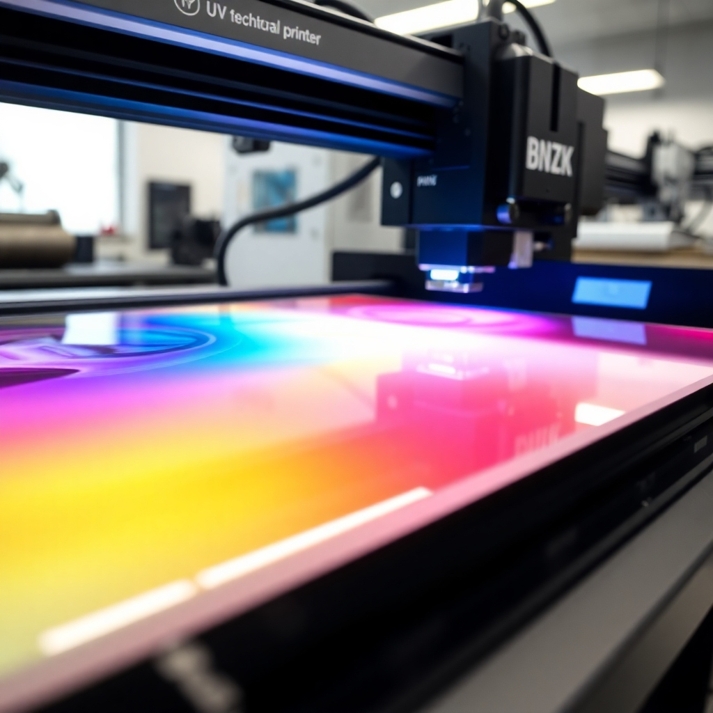 Close-up shot of a high-tech UV printer in action.  Vibrant colors are being printed onto a pristine white acrylic sheet. The image shows the precise application of UV ink, highlighting the sharpness and detail of the print. The background should be a clean, modern print shop environment with other high-end printing equipment visible.