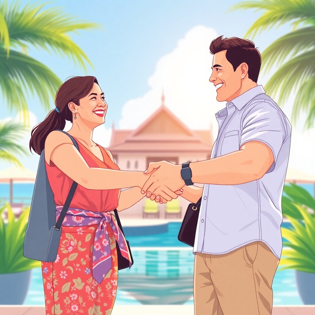 Create a 4K resolution image showcasing the essence of SmileyStayThailand. The image should be a stylized illustration or a photorealistic depiction of a handshake between a homeowner and a happy tourist, with a background subtly suggesting a beautiful Thai vacation home.  The lighting should be bright and positive, using warm, inviting colors.  The composition should be balanced, emphasizing the connection between homeowner and tourist. The image should evoke a sense of trust, partnership, and financial success. The style should be clean, modern, and friendly.  Think of images used in successful online real estate platforms