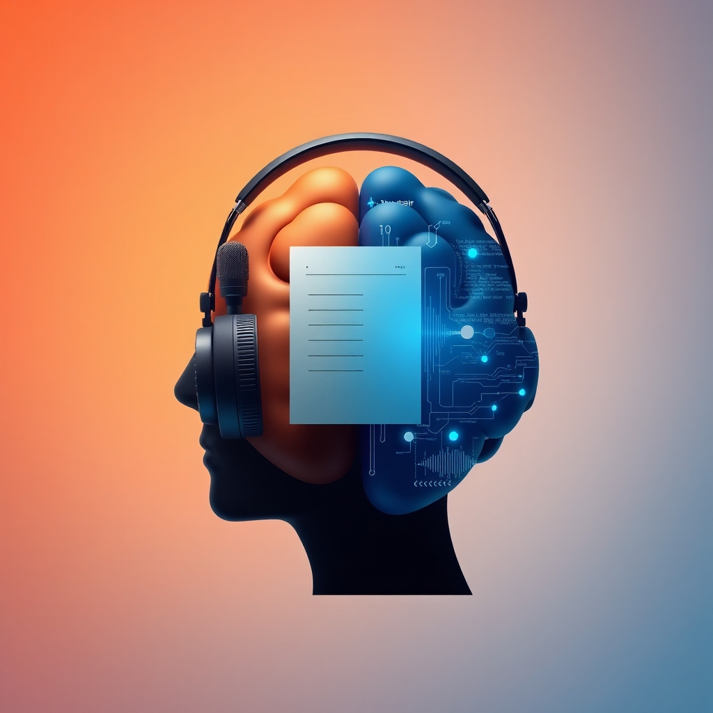 Create a 4K resolution image that symbolizes the fusion of human creativity and artificial intelligence in audio production. The scene should depict a stylized brain silhouette, half filled with traditional recording equipment (microphone, headphones, script) and the other half filled with digital waveforms and abstract AI algorithms. The background is a gradient of warm orange to cool blue, representing the transition from analog to digital. Camera angle: straight-on, symmetrical composition to emphasize the balance between human and AI. Texture details: smooth, glossy surfaces for the digital elements, contrasted with matte textures for the analog elements. Lighting: soft, even lighting to create a sense of harmony and innovation. Style reference: minimalist graphic design with a touch of surrealism. The overall image should convey the message that ZmartDigit seamlessly combines human creativity with the power of AI to create exceptional audio experiences.