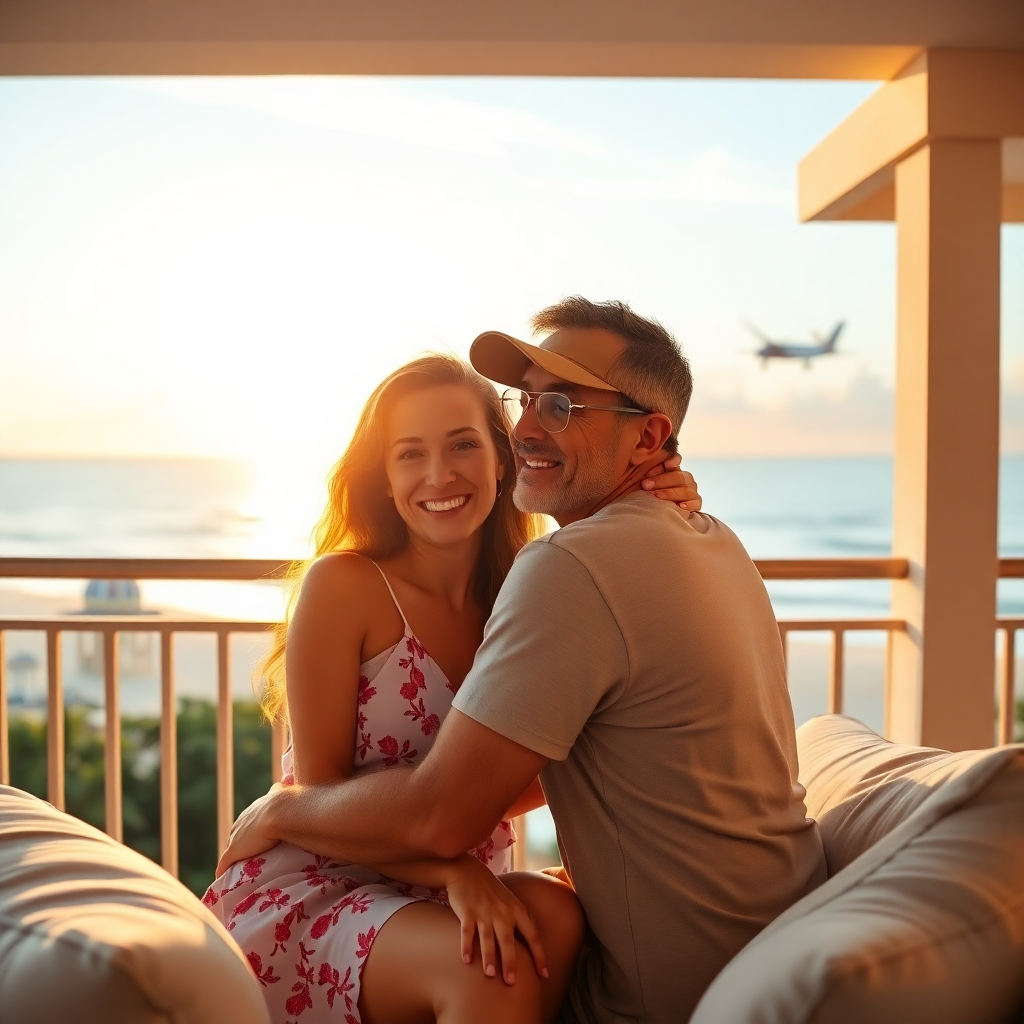 Create a 4K resolution photorealistic image of a smiling couple enjoying the sunset on a balcony overlooking a beautiful beach, either in Cha-am or Pattaya. The image should convey comfort, relaxation and the feeling of a perfect vacation. The lighting should be warm and inviting, the color palette relaxed and bright. The camera angle should be slightly elevated, emphasizing the panoramic view. Show the texture of the furnishings, and the feeling of tropical paradise. The overall mood should be peaceful and joyful.