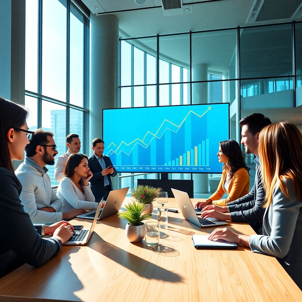 Create a photorealistic, ultra-high-quality 8K resolution header image. The image should depict a modern, sleek office space with a diverse team of professionals collaborating around a large screen displaying a dynamic sales graph sharply rising upwards. The lighting should be bright, natural light streaming in from large windows, creating a vibrant and energetic atmosphere. The color palette should be clean and modern, using cool blues and greens combined with warm accents of gold and white, evoking a sense of trust and success. The camera angle should be a slightly elevated perspective, looking down on the team, showcasing the collaborative energy.  Textures should include smooth glass surfaces, polished wood, and soft fabrics. The background should feature subtle architectural elements of the office building, hinting at success and professionalism. Include relevant props such as laptops, smartphones, and data charts visible on the screen. The overall style should be inspired by high-end corporate photography, similar to the work of Annie Leibovitz, aiming for a hyperrealistic and polished aesthetic with exceptional detail and depth. The image should exude confidence and demonstrate a cutting-edge approach to digital marketing. The mood should be one of optimism, innovation, and undeniable achievement., ultra high resolution, photorealistic, 8K, hyperdetailed, cinematic lighting