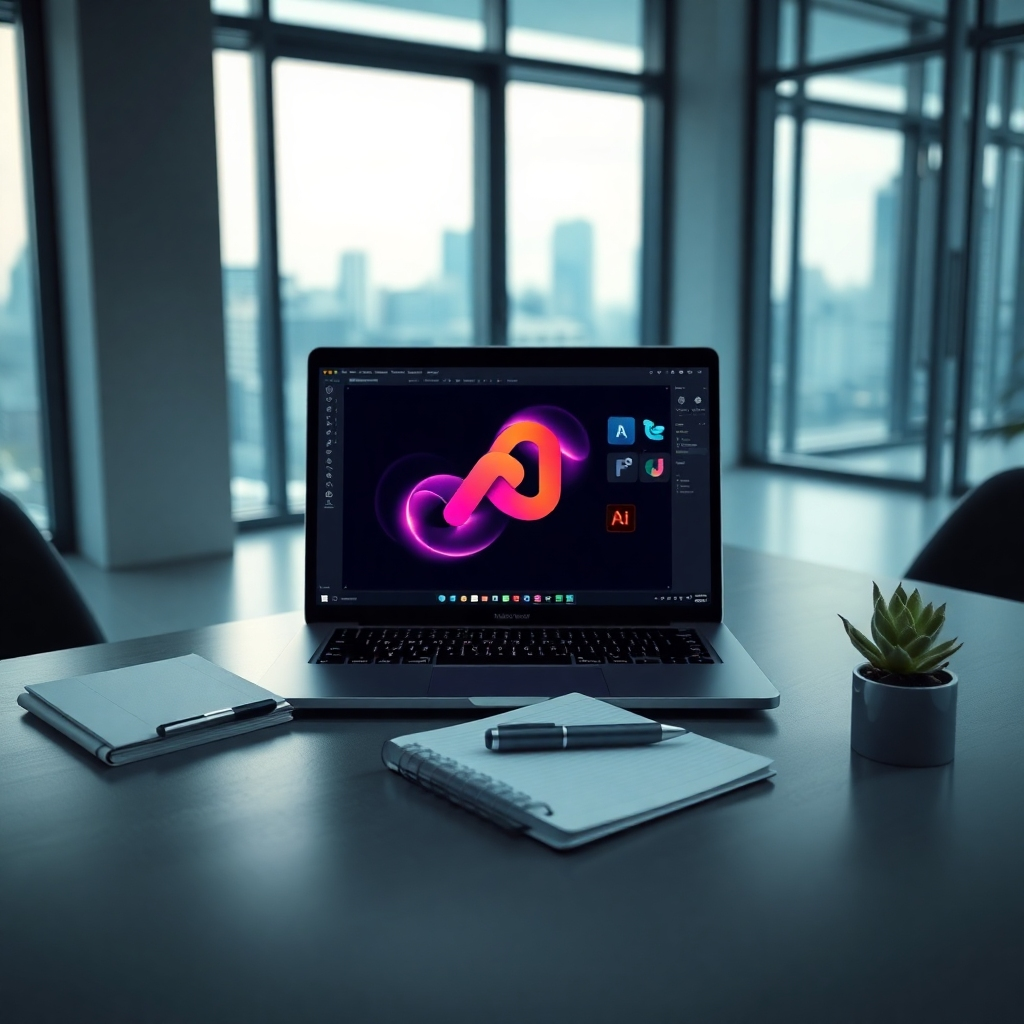 Create a photorealistic, ultra-high-resolution (8K) header image showcasing the power of AI in graphic design.  The image should feature a modern, minimalist office space with large windows letting in soft, natural light. The color palette should be sophisticated and calming, with muted blues, greys, and whites, creating a serene and professional mood.  The composition should center on a sleek, metallic laptop displaying a vibrant, dynamic logo design in progress.  The laptop should be slightly angled towards the viewer, offering a glimpse of the design software interface.  Surrounding the laptop are subtly placed props: a stylish notebook, a modern pen, and a small succulent plant. The textures should be highly detailed – the smooth, cool surface of the laptop, the soft texture of the notebook, and the rough texture of the plant's pot.  The background should be slightly blurred, drawing focus to the laptop and its contents.  The camera angle should be a slightly elevated three-quarter view, creating a sense of intrigue and professionalism.  The overall style should be inspired by high-end technology and design companies, such as Apple or Adobe, aiming for a hyperrealistic, clean aesthetic.  Include subtle environmental details, like a slightly visible city skyline through the window, enhancing the sense of modern sophistication. The lighting should be soft and diffused, with minimal shadows, creating a bright and inviting atmosphere. The overall mood should convey professionalism, innovation, and creative potential., ultra high resolution, photorealistic, 8K, hyperdetailed, cinematic lighting