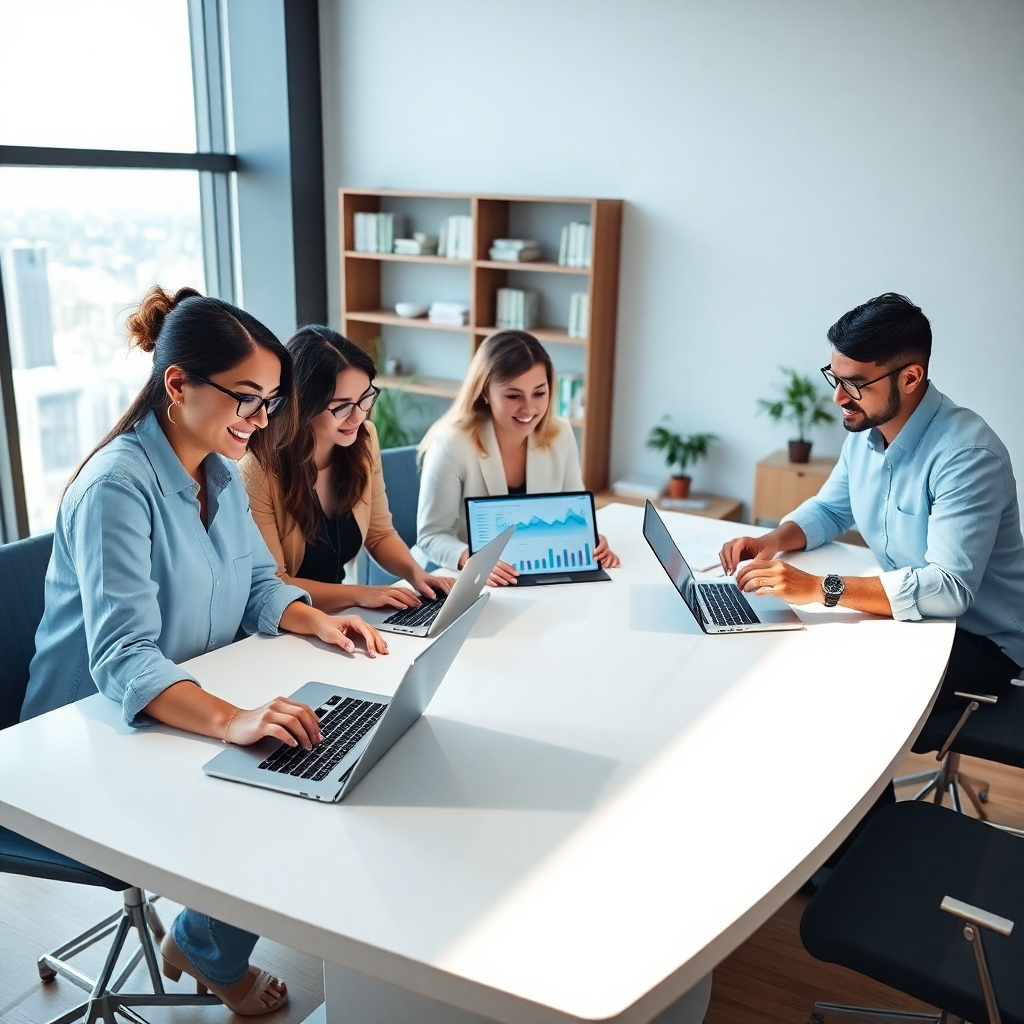 Create a photorealistic, ultra-high-definition (8K resolution) header image for a digital marketing agency called ZmartDigit. The image should evoke a feeling of modern, innovative, and trustworthy professionalism.  The composition should feature a diverse team of three professionals, two women and one man, of different ethnicities, collaborating around a large, sleek, white table in a bright, modern office. The professionals are working on high-tech devices such as laptops and tablets showing website mockups and data analytics charts, emphasizing collaboration and teamwork.  The lighting should be soft and natural, with large windows providing ample daylight, casting subtle shadows and highlighting the team's faces and technology. The overall color palette should be bright and airy, using cool, calming tones with accents of ZmartDigit’s brand color (assuming a vibrant blue). The mood should be energetic yet calm, conveying both creativity and efficiency. The camera angle should be slightly elevated, looking down at the team from a mid-range distance. Textures should be realistic: smooth surfaces of the table and devices, soft fabrics of clothing, and the subtle texture of the wooden floor. The office environment should be modern and minimalist with hints of plants and natural elements to add warmth and balance. Visible behind them is a partially visible panoramic window overlooking a cityscape.  Relevant background elements include partially visible shelving with books and design awards, subtly suggesting expertise and achievements.  The style should emulate high-end corporate photography, referencing the styles of Annie Leibovitz and Peter Lindbergh, focusing on natural posing and authentic expressions. The final image should be hyperrealistic, with exceptional detail and clarity, showcasing the textures, lighting, and expressions with incredible precision., ultra high resolution, photorealistic, 8K, hyperdetailed, cinematic lighting