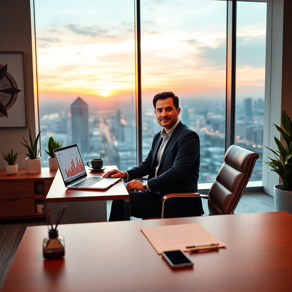Create a photorealistic, ultra-high-quality header image (8K resolution, hyperrealistic style) for a Thai business website focusing on building trust and increasing sales.  The image should feature a modern, sleek office space with large windows showcasing a vibrant cityscape at sunset. The composition should be a medium shot, slightly high-angle, focusing on a confident-looking businessperson (30-40s, dressed professionally in smart casual attire) sitting at a minimalist desk. A laptop displaying a successful sales chart is prominently featured on the desk.  The lighting should be warm and inviting, with soft natural light from the sunset illuminating the scene, creating a feeling of success and optimism. The color palette should be sophisticated, featuring warm sunset hues (oranges, yellows, deep blues) mixed with neutral tones (grays, whites) for the office space. The materials should look high-end and luxurious: polished wood desk, glass surfaces, soft leather chair. The texture should be meticulously detailed, showing the fine grain of the wood, the smoothness of the glass, and the subtle wrinkles in the leather. Environmental elements include modern artwork, potted plants, and a view of a bustling city through the large windows. Relevant props include a stylish pen holder, a high-end smartphone, and neatly organized documents on the desk. The overall mood should be professional, aspirational, and trustworthy. Style references include the clean minimalist aesthetics of Apple products and high-end corporate branding photography. The image should convey a feeling of trust, success, and modern professionalism., ultra high resolution, photorealistic, 8K, hyperdetailed, cinematic lighting