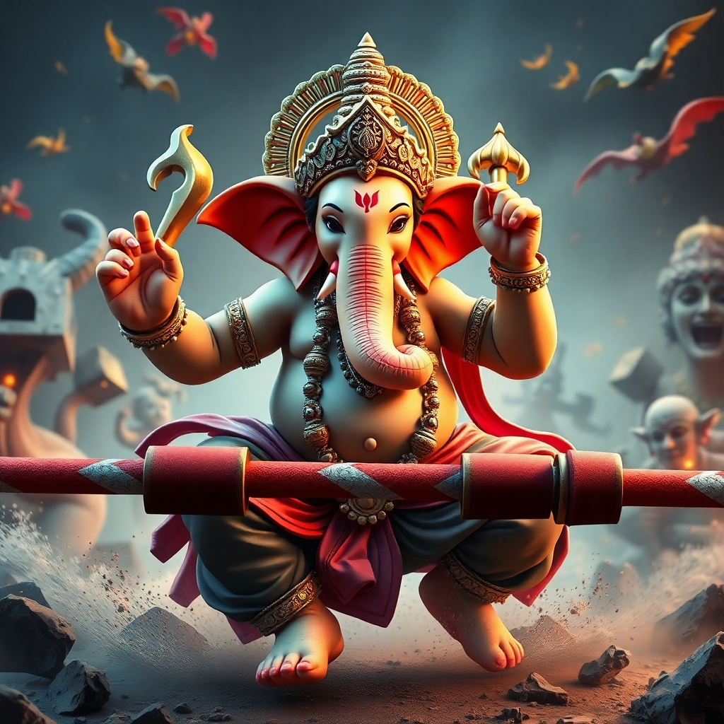 Create a photorealistic image of Lord Ganesha removing obstacles, with a focus on dynamic movement and energy.  The background should depict various symbolic representations of obstacles and challenges. The scene should be filled with action and symbolism, conveying a sense of strength and perseverance. The technical specifications should be 4K resolution, high-quality rendering.