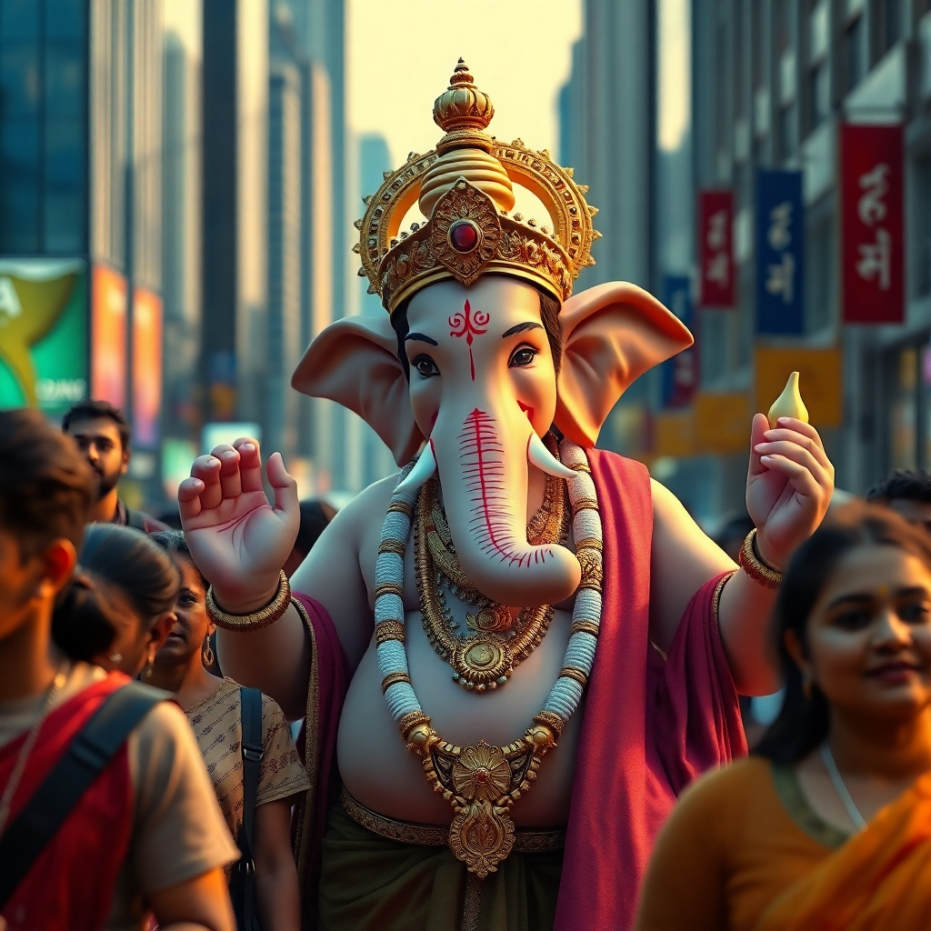 Create a photorealistic image of Lord Ganesha in a modern setting, conveying his timeless relevance in contemporary life.  The image could portray him in a modern city, interacting with people from diverse backgrounds.  The style should be contemporary, yet respectful of traditional representations. The technical specifications should be 4K resolution, high-quality rendering.