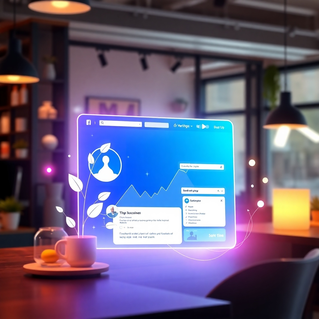 Create a photorealistic or stylized 4K image representing the core mission of ZmartDigit: creating high-quality Facebook pages for businesses. The image could depict a stylized graphic representation of a Facebook page seamlessly merging with a real-world business environment, perhaps a coffee shop or retail store. Use a vibrant and warm color palette, with elements symbolizing growth, success, and connection. The lighting should be bright and inviting. The camera angle should be a dynamic, slightly angled shot. The texture could feature subtle gradients and luminosity effects. The environment should showcase a modern, welcoming ambiance. Style references could include minimalist design elements combined with realistic textures. The technical specs should be 4K resolution, emphasizing high-quality rendering.