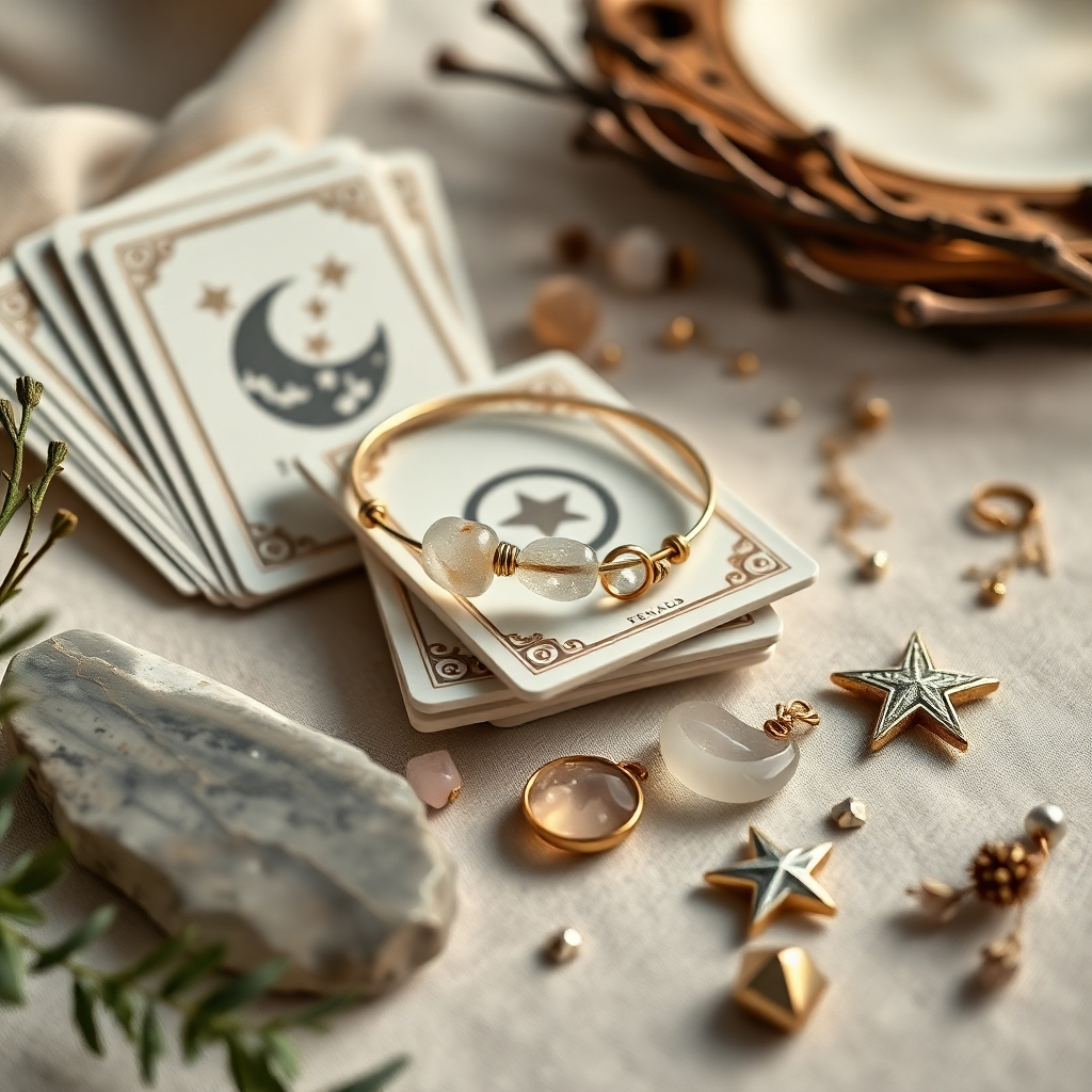 Create a photorealistic, ultra-high-quality header image. The subject is a beautifully arranged collection of oracle cards, crystal bracelets, and minimalist moon-themed objects (e.g., small crescent moon figurines, star-shaped pendants). The composition should be balanced and visually appealing, with a soft, warm lighting that enhances the details of each item. The color palette should be muted and earthy, with touches of gold and silver. The camera angle should be slightly high, offering a full view of the arrangement. Focus on texture details, highlighting the smoothness of the crystals, the intricate designs of the oracle cards, and the delicate craftsmanship of the moon-themed items. The environment should be a soft, blurred background, perhaps a hint of natural wood or a subtle fabric texture. Props could include a few scattered crystals or dried flowers. The style should be modern and elegant, with a touch of mystique. Technical specs: 8K resolution, hyperrealistic rendering.