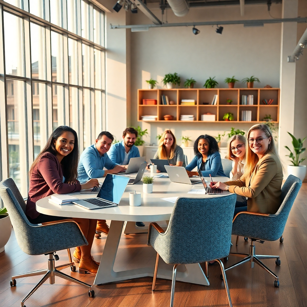 Create a photorealistic, ultra-high quality header image (8K resolution, hyperrealistic style) for a content writing business. The image should depict a modern, minimalist office space with large windows letting in soft, natural light. The color palette should be a blend of warm, neutral tones with pops of vibrant, corporate blue. The mood should be professional yet creative and inspiring.  The composition should focus on a team of diverse, smiling professionals collaborating around a large table, actively engaged in brainstorming and working on laptops and tablets.  The camera angle should be slightly elevated, offering a dynamic perspective. Textures should include the smooth surfaces of the table, the soft fabric of the chairs, and the rough texture of a wooden floor.  Props include stylish laptops, notebooks, pens, and a coffee cup. In the background, there should be shelves with neatly organized books and plants, adding a touch of life and organization. The overall style should be similar to high-end corporate photography featured in publications like Forbes or Fast Company. The image must convey collaboration, creativity, professionalism, and a sense of success., ultra high resolution, photorealistic, 8K, hyperdetailed, cinematic lighting
