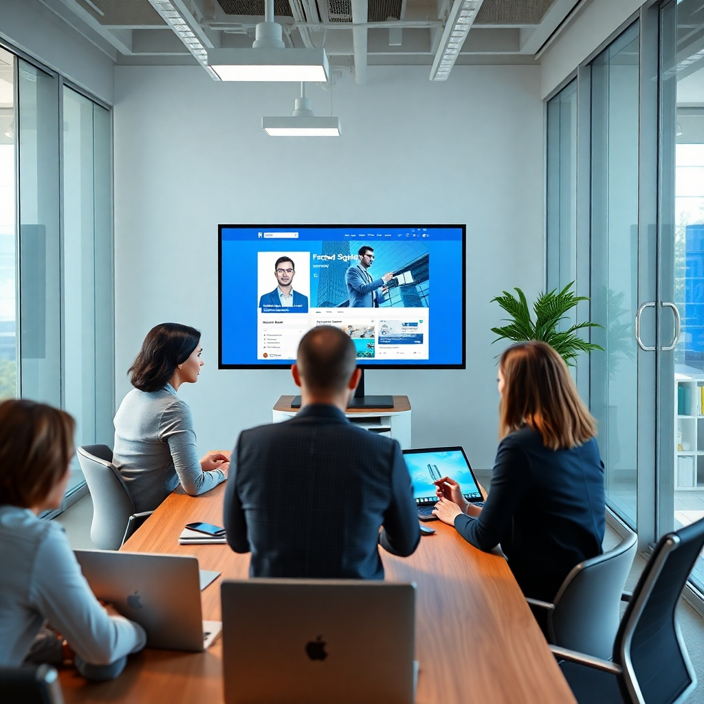 Create a photorealistic, ultra-high-quality 8K resolution hero image for ZmartDigit, a digital marketing company specializing in Facebook page creation for businesses. The image should depict a modern, sleek office environment with a team of diverse professionals collaborating on a project involving a large monitor displaying a beautifully designed Facebook page.  The composition should emphasize the collaborative nature of the work and the high-quality results. Lighting should be bright and natural, creating a clean and professional atmosphere. The color palette should be modern and sophisticated, with cool blues, grays, and accents of a vibrant corporate color. The camera angle should be slightly elevated, providing a broad view of the workspace.  Textures should be highly detailed, showing the subtle nuances of the materials used in the office. Relevant props should include laptops, smartphones, tablets, and other tech devices, subtly suggesting digital marketing tools and processes. The overall style should evoke a sense of professionalism, innovation, and trustworthiness, reflecting the high-quality services offered by ZmartDigit.  Reference images should include modern office spaces with clean lines and natural lighting, as seen in architectural photography.  The image must be hyperrealistic, showcasing an almost tangible sense of detail and depth.