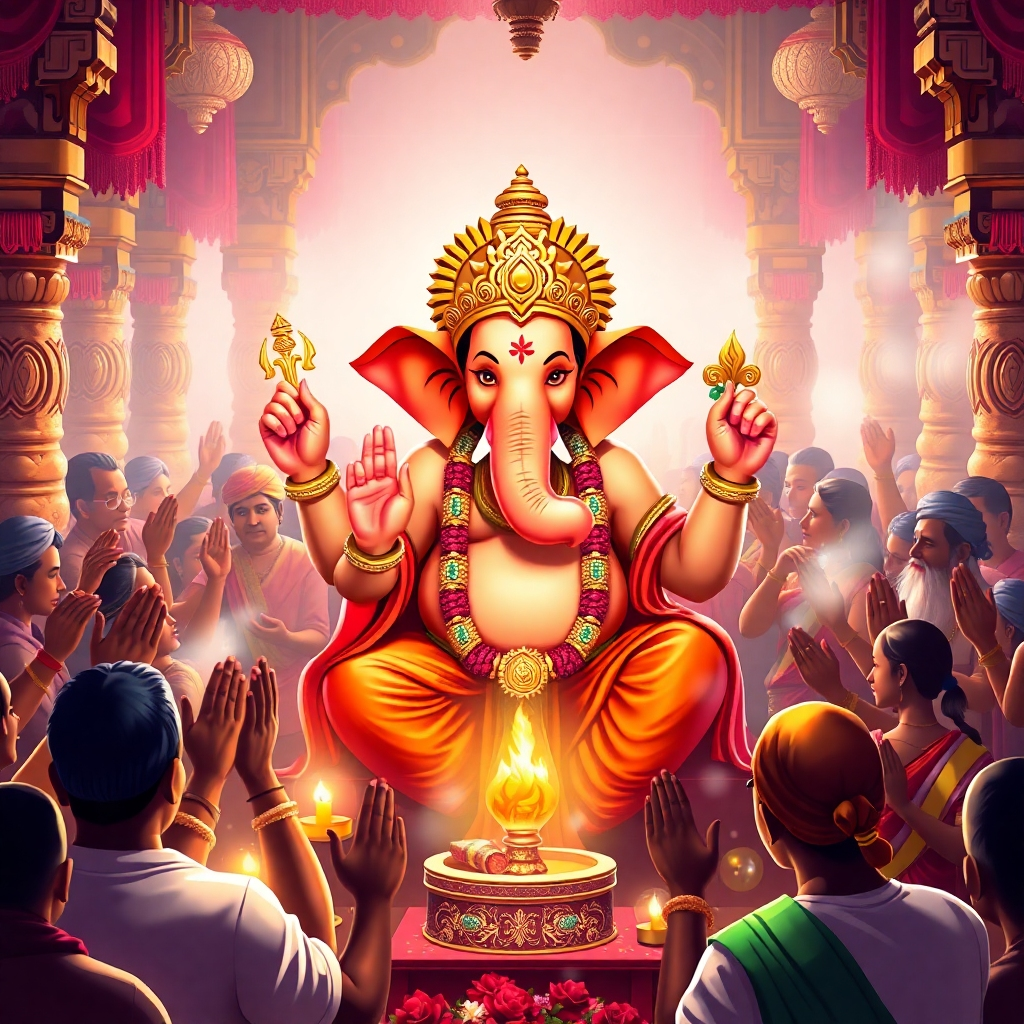 Create a stylized image of Lord Ganesha as a central figure in a vibrant scene of devotees offering prayers and tributes.  The style should be inspired by traditional Indian temple art, with rich details and bright colors.  The image should focus on conveying the reverence and devotion associated with Lord Ganesha.  The composition should emphasize the importance of worship and devotion.  The technical specifications should be 4K resolution and high-quality rendering.