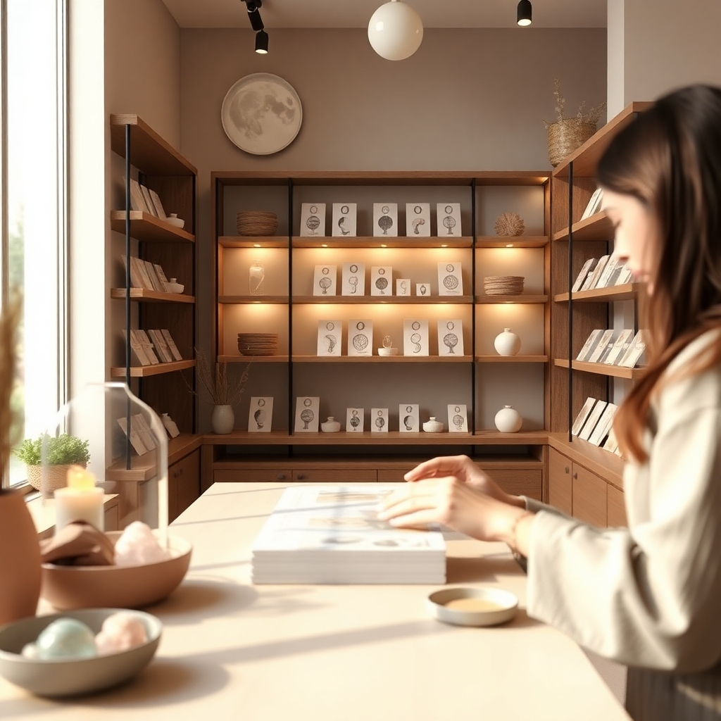 Create a stylized image representing the essence of a shop selling oracle cards, crystal bracelets, and minimalist moon-themed items. The image should feature a softly lit, inviting space with shelves displaying the products. In the foreground, a customer is carefully selecting an item, perhaps an oracle card deck or a bracelet. The color palette should be calming and harmonious, with earthy tones and accents of silver and gold. The composition should be balanced and visually appealing, with a focus on the interaction between the customer and the products. Style reference: A blend of modern minimalist design with subtle mystical elements. Technical specs: 4K resolution, high quality rendering.