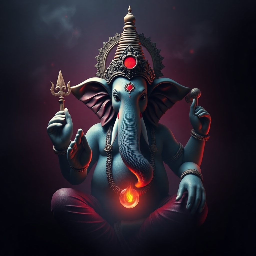 Create a stylized image representing the mystical and enigmatic aspects of Lord Ganesha.  The image should use symbolic representation and surreal elements to convey a sense of mystery.  The color scheme should be dark and moody, creating an atmosphere of intrigue. The technical specifications should be 4K resolution and high-quality rendering. The style should be inspired by fantasy art and surrealism.