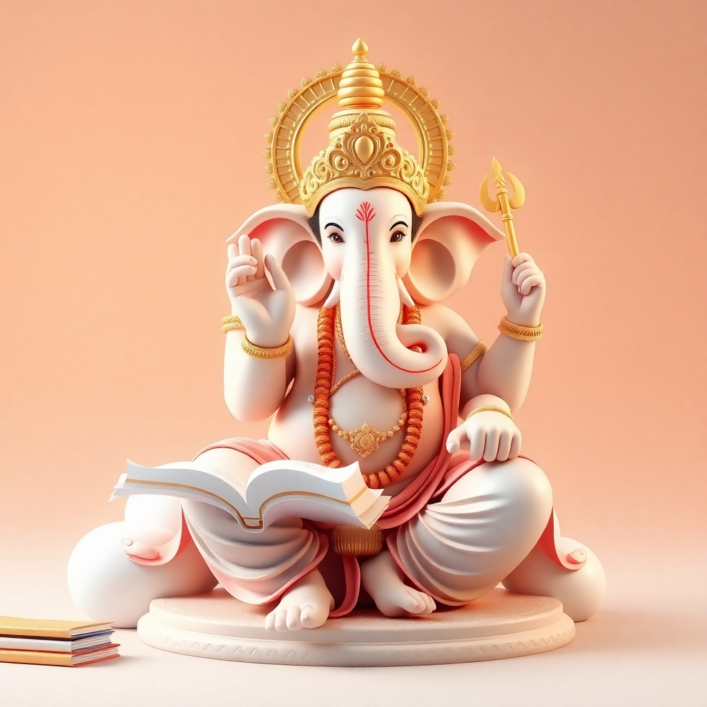 Create an image showcasing Lord Ganesha as a symbol of intelligence and wisdom.  The image should be stylized, with a focus on symbolic representation.  Include elements such as books, knowledge scrolls, or other symbols of intellect.  The color scheme should be serene and calming.  The technical specifications should be 4K resolution and high-quality rendering. The artistic style should be a blend of traditional and contemporary elements.