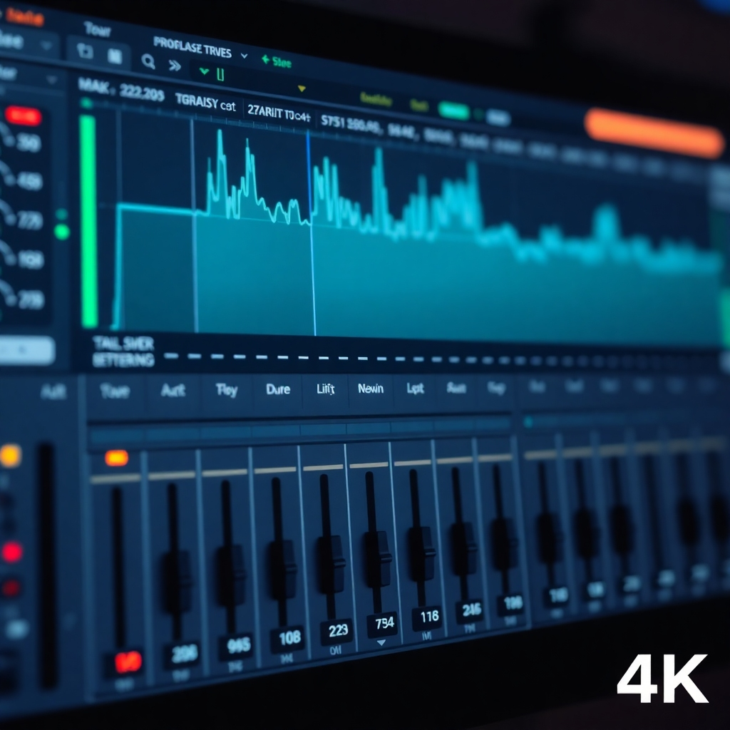 Digital audio editing software interface with various editing tools and waveforms. Focus on sliders and equalizers. Cool lighting, 4k resolution.