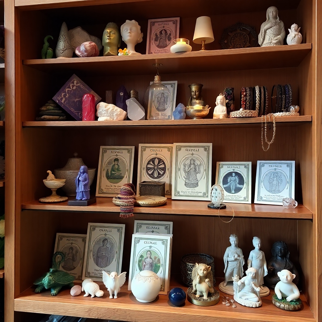 Display shelf filled with varied spiritual items: crystals, oracle cards, bracelets, figurines, and other decor. The shelf is artfully lit with soft, warm light. The image offers a glimpse into the variety of products available. Focus on texture and visual appeal.