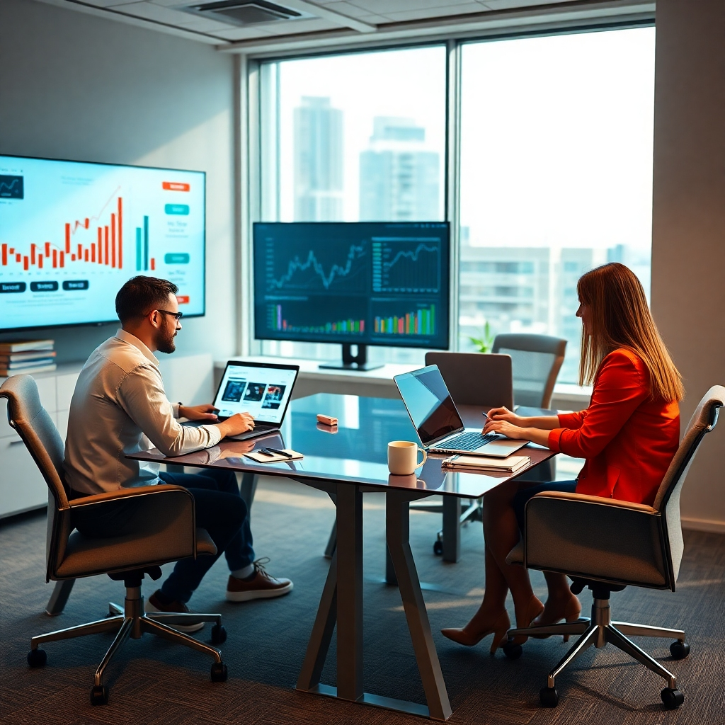 Generate a photorealistic, ultra-high quality header image (8K resolution, hyperrealistic style) for a digital marketing and accounting business collaboration.  The image should feature a modern, clean, and professional office setting with two teams collaborating: one focused on web design (ZmartDigit) with laptops showing website mockups, and the other on accounting (BJaccounting) using financial software and charts.  The lighting should be soft and natural, coming from a large window to create a bright and airy atmosphere. The color palette should be sophisticated, using calming blues, greens, and neutral grays with pops of a vibrant corporate orange (representing branding). The camera angle should be slightly elevated, offering a wide shot showcasing both teams effectively, and emphasizing the collaborative workflow.  The scene includes sleek modern desks, high-tech equipment, comfortable chairs, and wall-mounted monitors displaying website analytics and financial data.  The overall texture should be smooth and refined (glass desktops, brushed metal laptops) with subtle textures such as soft fabrics of chairs and carpet. Relevant props include stacked books on branding and accounting, company logos subtly placed, and a coffee cup on one of the desks, implying a productive work environment. The style should be inspired by high-end corporate photography, similar to work by Annie Leibovitz or Peter Lindbergh, with a focus on capturing the human element and portraying a sense of success and collaboration. The image should evoke a feeling of professionalism, trust, and innovation., ultra high resolution, photorealistic, 8K, hyperdetailed, cinematic lighting