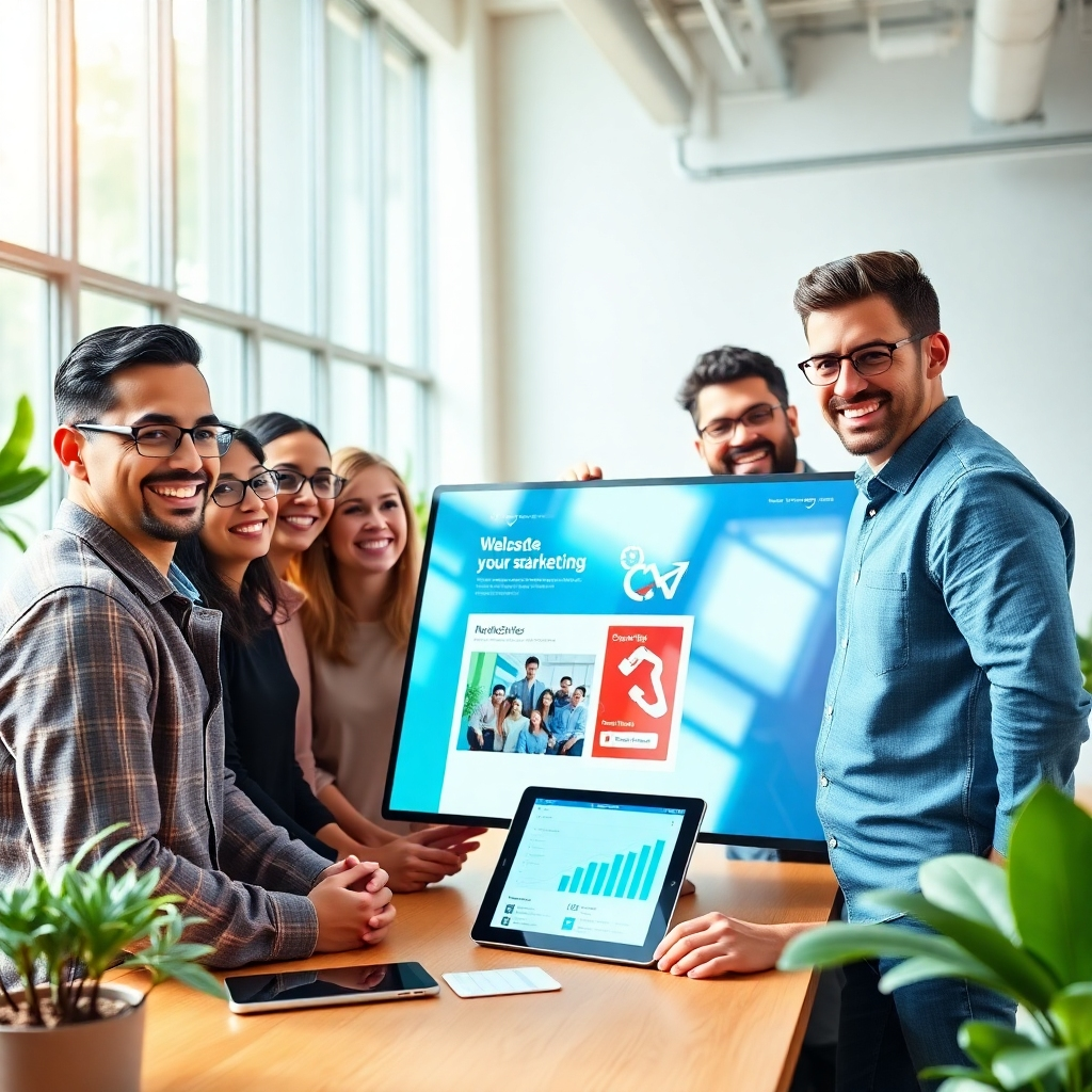 Generate a photorealistic, ultra-high-quality header image (8K resolution, hyperrealistic) for a web development company specializing in digital marketing for SMEs.  The image should feature a diverse group of smiling, confident SME business owners (3-4 people, different ages and ethnicities) collaborating around a large, sleek touchscreen displaying a vibrant, interactive website mockup. The mockup should showcase CreateZite's branding subtly.  The scene should be set in a modern, bright, and airy co-working space with natural light streaming in from large windows.  The color palette should be warm and inviting, featuring earth tones, soft blues, and accents of CreateZite's brand color (assuming a teal or similar). The mood should be energetic and optimistic, conveying success and collaboration. The camera angle should be slightly elevated, looking down on the group, creating a dynamic and engaging perspective. Textures should be realistic, showing the subtle grain of wood on a desk, the smooth glass of the touchscreen, and the soft texture of clothing. Environmental elements should include plants, modern furniture, and subtle background details that suggest a technologically advanced and creative environment. Props could include a tablet displaying social media analytics, a coffee cup, and a smartphone. Style references:  Apple product photography, modern minimalist office aesthetics, and imagery from successful tech companies.  The overall feel should be clean, professional, and inspirational, reflecting the success and potential CreateZite offers its clients., ultra high resolution, photorealistic, 8K, hyperdetailed, cinematic lighting