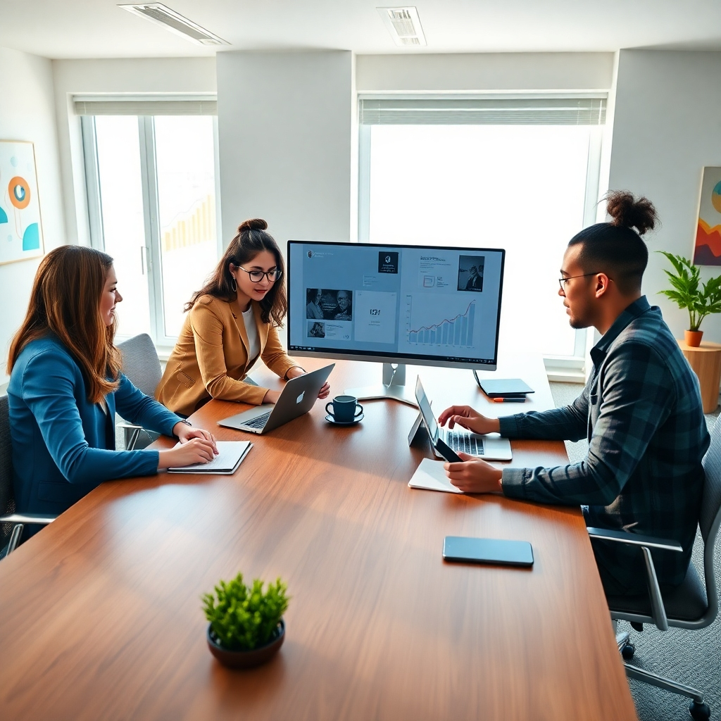 Generate a photorealistic, ultra-high quality header image (8K resolution, hyperrealistic style) for a social media marketing company named Con10t Pro. The image should depict a diverse team of three to four young, creative professionals collaborating around a large, modern desk in a bright, airy office.  The team is actively engaged in tasks related to content creation—perhaps one is on a laptop, another is sketching on a tablet, and another is reviewing data on a large monitor.  The lighting should be soft and natural, coming from a large window, creating a warm and inviting atmosphere. The color palette should be bright and modern, with cool blues and greens combined with warm accents of orange and yellow. The overall mood should be positive, energetic, and collaborative.  The camera angle should be slightly elevated, providing a dynamic perspective of the team's workspace. The desk should feature textures of polished wood and metal, with high-tech accessories like smartphones and tablets visible.  The background should include elements of modern office design, such as sleek minimalist furniture, and abstract artwork on the wall.  Relevant props could include charts and graphs illustrating positive growth, and perhaps a visually appealing mood board. The style should be inspired by modern advertising campaigns for successful tech companies, emphasizing clean lines, vibrant colors, and a sense of innovation.  The image needs to represent professionalism, creativity, and success.  The focus should be sharp, with high dynamic range (HDR) to capture detail and color., ultra high resolution, photorealistic, 8K, hyperdetailed, cinematic lighting