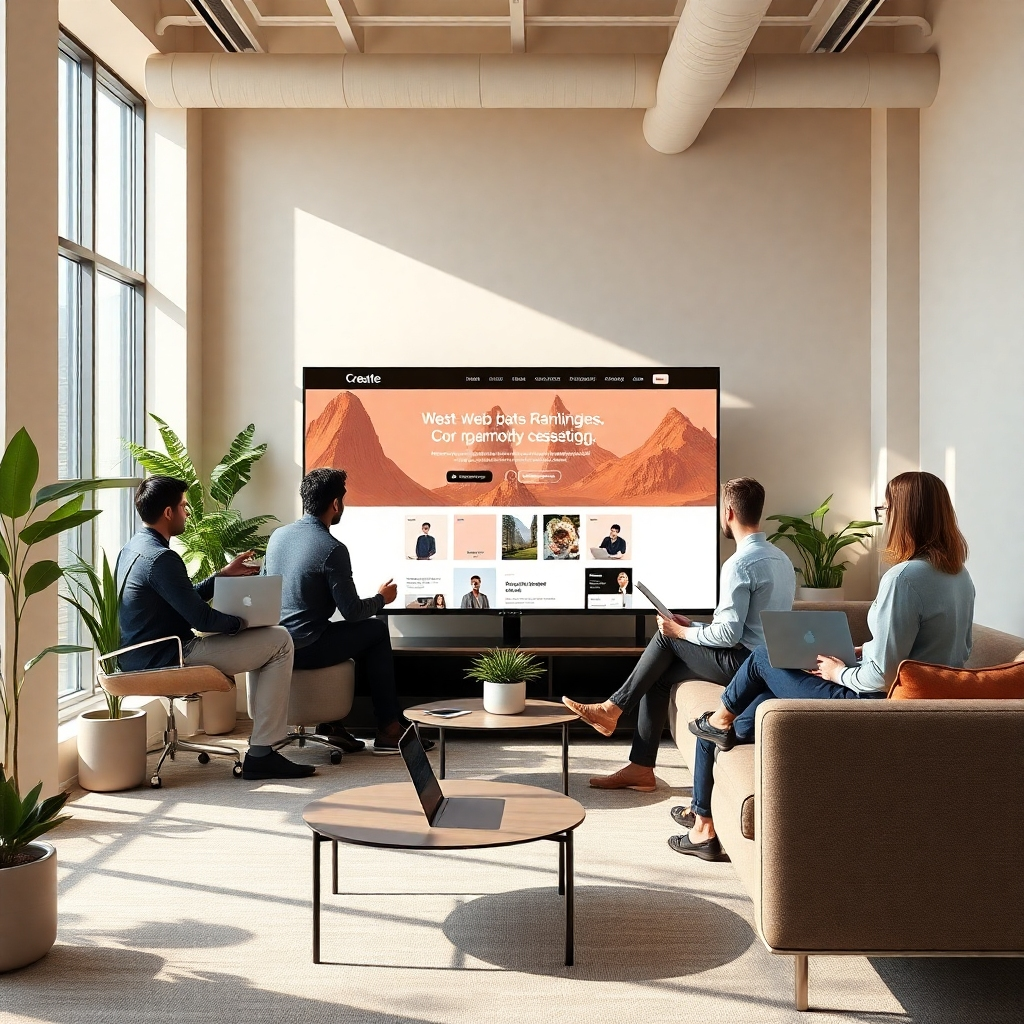 Generate a photorealistic, ultra-high definition (8K resolution) header image for a web development business named CreateZite.  The image should depict a modern, sleek, and minimalist office space, bathed in soft, natural light streaming through large windows. The color palette should be predominantly warm and inviting, using earth tones like beige, cream, and muted greens, accented by pops of CreateZite's brand color (assuming a vibrant teal or similar). The mood should be calm, professional, and innovative.  The composition should focus on a diverse team of developers collaboratively working on a large screen displaying a clean, responsive website design.  The camera angle should be slightly elevated, offering a dynamic perspective showcasing the collaborative atmosphere.  Textures should be realistic, from the smooth surface of the screen to the subtly textured fabric of the furniture.  Materials should be high-quality, suggesting a modern and professional environment.  Environmental elements include modern minimalist furniture, potted plants, and subtle technological elements like sleek laptops and charging stations. Relevant props could include a CreateZite branded mug or a physical representation of their logo subtly placed in the background. The overall style should emulate high-end corporate photography, drawing inspiration from the work of photographers like Annie Leibovitz and Platon, emphasizing a sense of professionalism and trust. The final image must be hyperrealistic, with extreme attention to detail and lighting.  Focus on creating a captivating image that inspires trust and showcases the expertise and professionalism of CreateZite., ultra high resolution, photorealistic, 8K, hyperdetailed, cinematic lighting