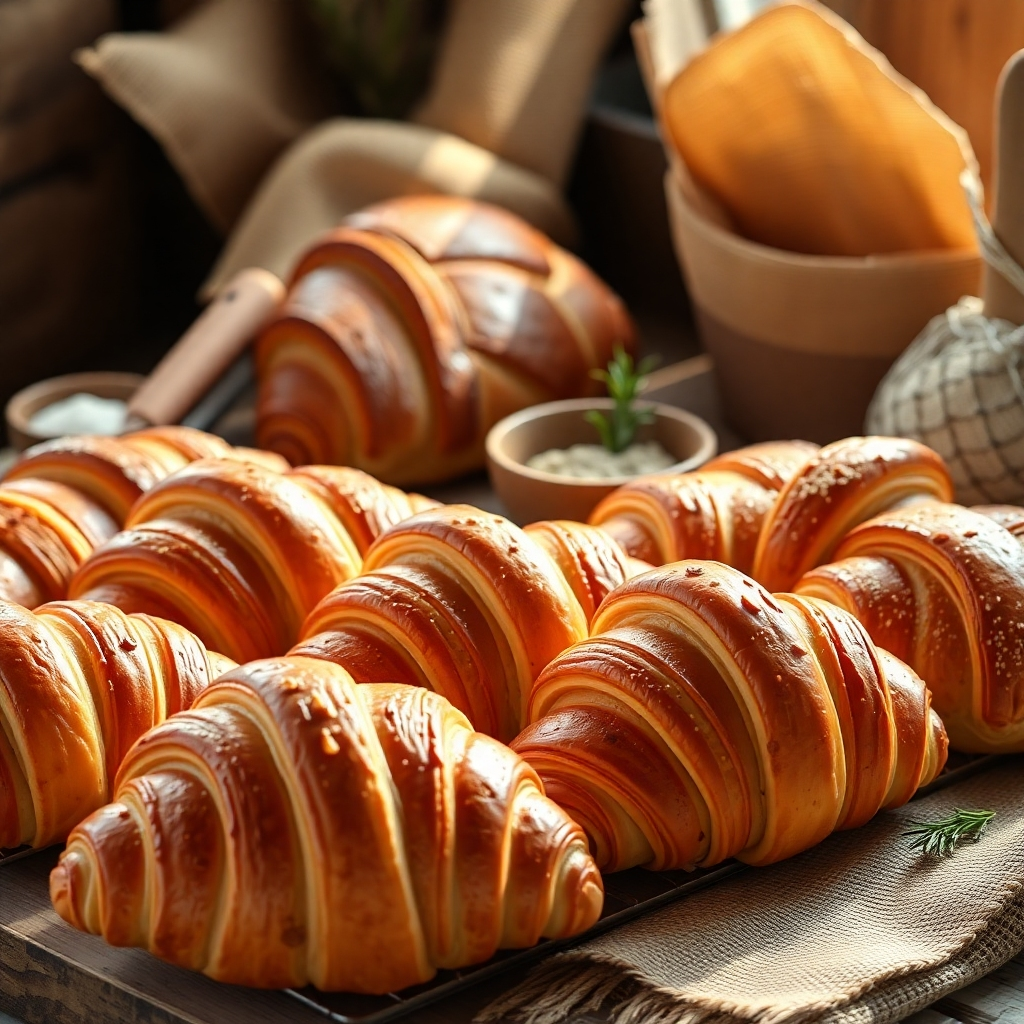 Generate a photorealistic, ultra-high-resolution (8K) header image for a frozen bakery called 'Buny Daily'. The image should feature a meticulously arranged selection of freshly baked croissants, sourdough bread, and other pastries, showcasing their golden-brown crusts and airy textures.  The composition should be a close-up, slightly high-angle shot, emphasizing the details of the baked goods.  The lighting should be soft and warm, mimicking natural sunlight streaming through a bakery window, creating soft highlights and shadows that accentuate the textures. The color palette should be warm and inviting, featuring golden browns, creamy yellows, and hints of deep amber.  The overall mood should be one of warmth, freshness, and deliciousness. The background should subtly feature a rustic wooden table and possibly some burlap or linen cloth, adding to the artisanal feel. Include some strategically placed props, such as a wooden spatula, a small bowl of flour, or a sprig of rosemary.  The image should have a hyperrealistic style, similar to the work of renowned food photographers like Michael Graydon or Louie Psihoyos. The camera angle should be from a slightly elevated perspective, making the pastries appear even more appealing and mouth-watering.  Textures should be highly detailed—the crispness of the croissants, the softness of the bread, and the subtle roughness of the wood.  The image should evoke a feeling of artisanal quality and pure deliciousness.  Focus on the high-quality and appetizing appearance of the products., ultra high resolution, photorealistic, 8K, hyperdetailed, cinematic lighting