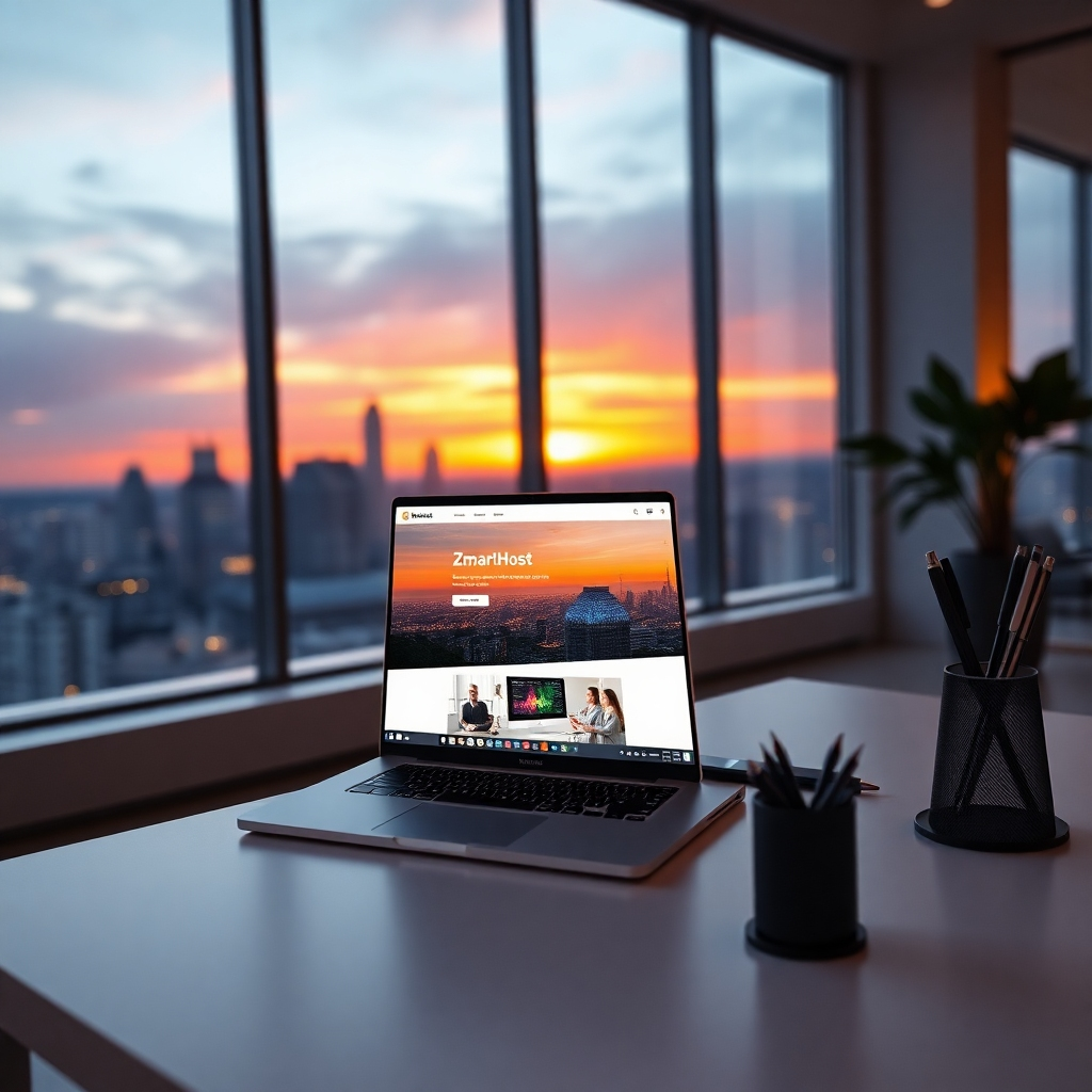 Generate a photorealistic, ultra-high definition (8K resolution) header image for ZmartHost, a web hosting and domain registration service.  The image should depict a modern, minimalist office space with large windows showcasing a vibrant cityscape at sunset.  The color palette should be warm and inviting, featuring sunset oranges, deep blues, and soft grays.  The mood should be one of success, innovation, and reliability. The composition should focus on a sleek, modern laptop displaying a website mock-up featuring ZmartHost's branding, subtly integrated into the scene.  The laptop sits on a clean, white desk with a few strategically placed accessories (e.g., a stylish wireless keyboard, a modern pen holder with sleek pens). The camera angle should be slightly elevated, offering a dynamic perspective on the scene. The lighting should be soft and natural, with the warm glow of the sunset illuminating the room. The image should feature a high level of detail, with realistic textures and materials, including the smooth surface of the laptop, the soft grain of the wood desk, and the subtle reflections of light on the glass windows.  The background cityscape should be slightly blurred, maintaining focus on the laptop. The overall style should emulate high-end technology advertisements and lifestyle photography, similar to Apple or Google marketing materials.  The image needs to convey trust, sophistication, and cutting-edge technology. The final output should be hyperrealistic, with exceptional detail and clarity. Include subtle ambient lighting to add depth and realism., ultra high resolution, photorealistic, 8K, hyperdetailed, cinematic lighting