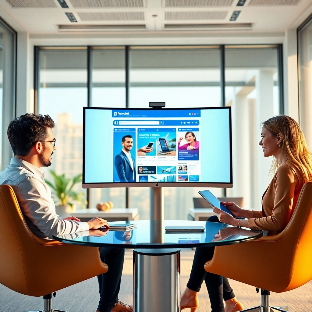Generate a photorealistic, ultra-high quality header image (8K resolution, hyperrealistic style) for a Facebook advertising agency named 'ZmartDigit Zocial'. The image should feature a diverse team of three professionals (one male, two females) collaborating on a large curved monitor displaying an engaging Facebook ad campaign. The monitor should be centrally positioned. The team is shown in a modern, minimalist office space with large windows providing soft, natural daylight. The color palette should be bright, clean, and professional, leaning towards a vibrant yet sophisticated atmosphere; think cool blues and greens accented with warm golds and muted grays.  The camera angle is slightly elevated, looking down at the team, providing a dynamic yet professional perspective.  The team should appear happy, engaged, and focused.   The office environment includes sleek, modern furniture with subtle textures—leather chairs and a glass desk.  The background should be subtly blurred but still recognizable as a professional workspace. Include relevant props such as smartphones, tablets, and marketing analytics charts subtly placed in the background to hint at the nature of the business.  Style references include the photography work of Annie Leibovitz and the overall aesthetic of Apple product marketing shots. The lighting should be warm and inviting, with soft shadows to add depth.   The image should convey a sense of collaboration, innovation, and success., ultra high resolution, photorealistic, 8K, hyperdetailed, cinematic lighting