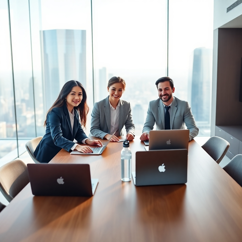 Generate a photorealistic, ultra-high-resolution (8K) header image for a digital marketing consulting business named ZmartDigit. The image should depict a diverse team of three confident, successful-looking professionals (two women, one man, aged 30-40) collaborating around a large, modern, sleek conference table.  The scene is set in a bright, airy, minimalist modern office with large windows showcasing a stunning cityscape view.  The lighting should be natural and soft, with sunlight streaming in from the side, casting gentle shadows. The color palette should be sophisticated and professional, using shades of cool greys, deep blues, and accented with warm, earthy tones from natural wood elements in the furniture. The overall mood should be one of innovation, collaboration, and success. The camera angle should be slightly elevated, looking down at the team from a 30-degree angle, creating a sense of dynamism and energy.  The table should have modern technology like laptops, tablets, and smartphones strategically placed, showcasing the digital nature of the business.  Textures should be highly realistic, from the smooth surfaces of the technology to the soft textures of the clothing and the grain of the wooden table.  The background should be slightly blurred, drawing the viewer's eye to the team.  The style should emulate high-end corporate photography seen in magazines like Forbes or Bloomberg Businessweek.  The image should be hyperrealistic, with incredibly detailed textures and lighting, conveying a sense of high quality and professionalism. Include subtle branding elements such as a ZmartDigit logo subtly placed on a laptop or a branded water bottle. , ultra high resolution, photorealistic, 8K, hyperdetailed, cinematic lighting