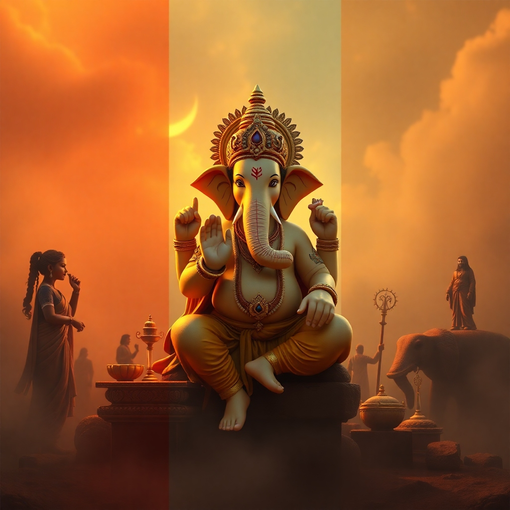 Generate a photorealistic image depicting different interpretations of Lord Ganesha's mythology through a series of symbolic scenes.  The style should be inspired by traditional Indian art, with a modern twist.  Each scene should represent a different aspect of Ganesha's story, allowing viewers to explore various interpretations. The technical specifications should be 4K resolution, high-quality rendering.
