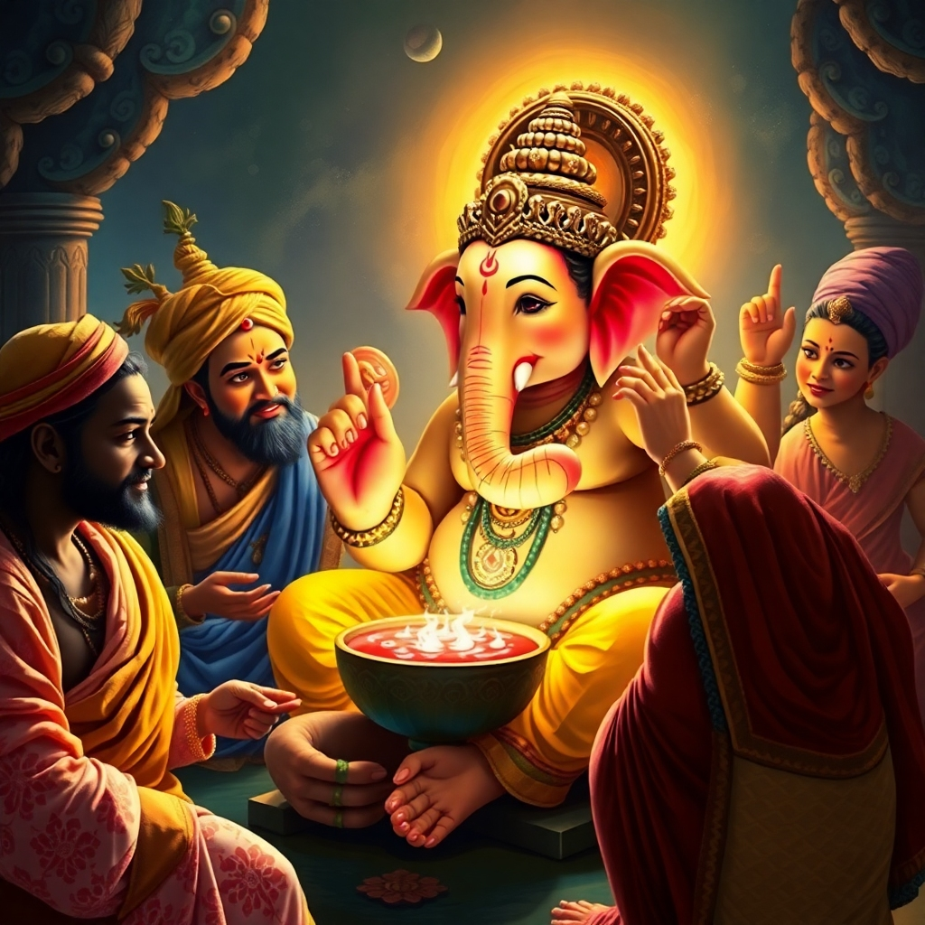 Generate a photorealistic image depicting the birth of Lord Ganesha, focusing on the mythological narrative. The scene should be richly detailed, showcasing vibrant colors and intricate textures. Include relevant figures from the story, highlighting their expressions and interactions.  The lighting should be dramatic, emphasizing key moments in the narrative. The composition should guide the viewer's eye through the sequence of events. The style should be inspired by traditional Indian miniature paintings, retaining an authentic representation of the mythological account. Technical specifications: 4K resolution, high-quality rendering.