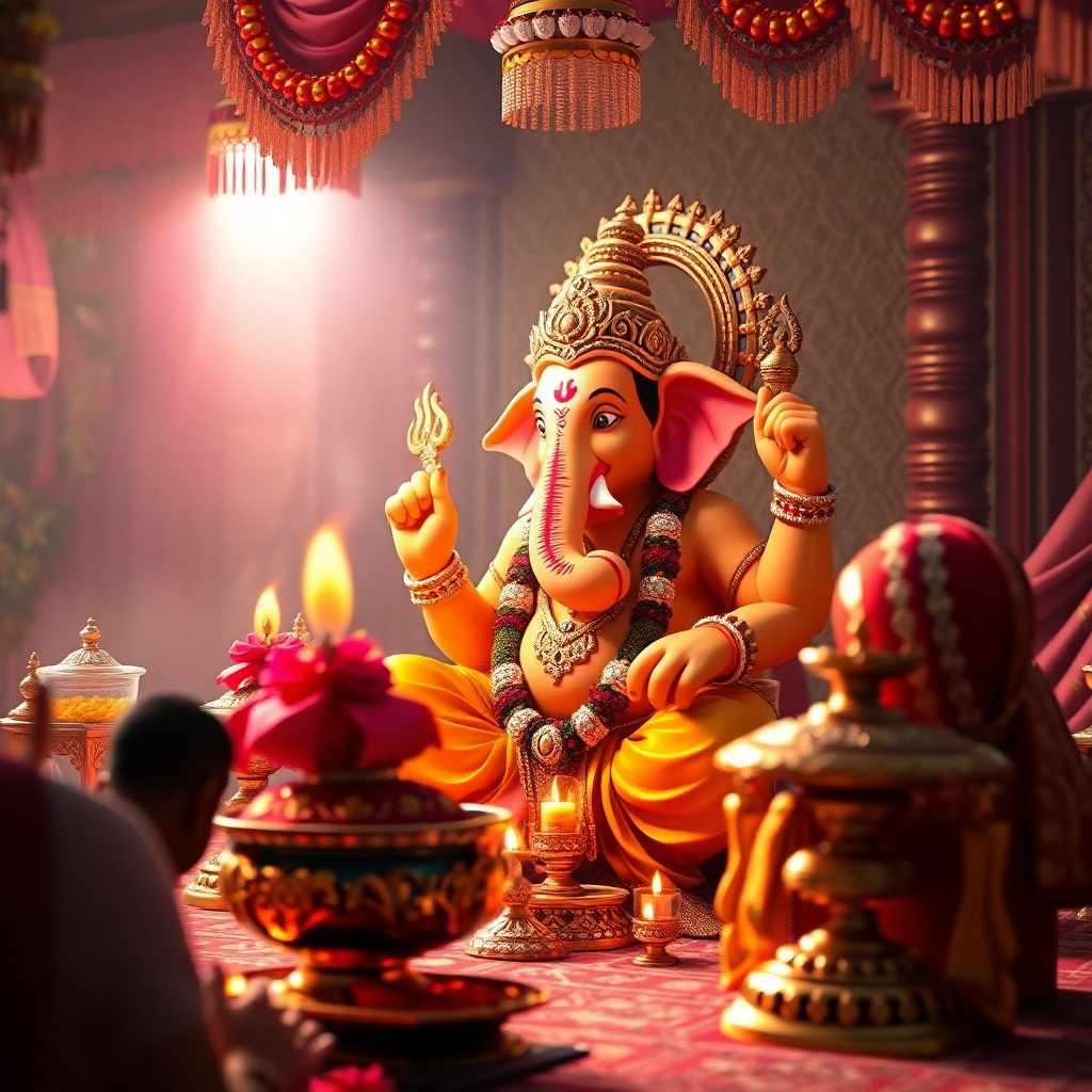 Generate a photorealistic image depicting a traditional puja ceremony dedicated to Lord Ganesha.  The scene should be richly detailed, showcasing vibrant colors, intricate decorations, and the ceremonial offerings.  The composition should focus on the ritualistic aspects of the ceremony.  The lighting should be warm and inviting, creating a sense of reverence and spirituality.  The technical specifications should be 4K resolution, high-quality rendering.