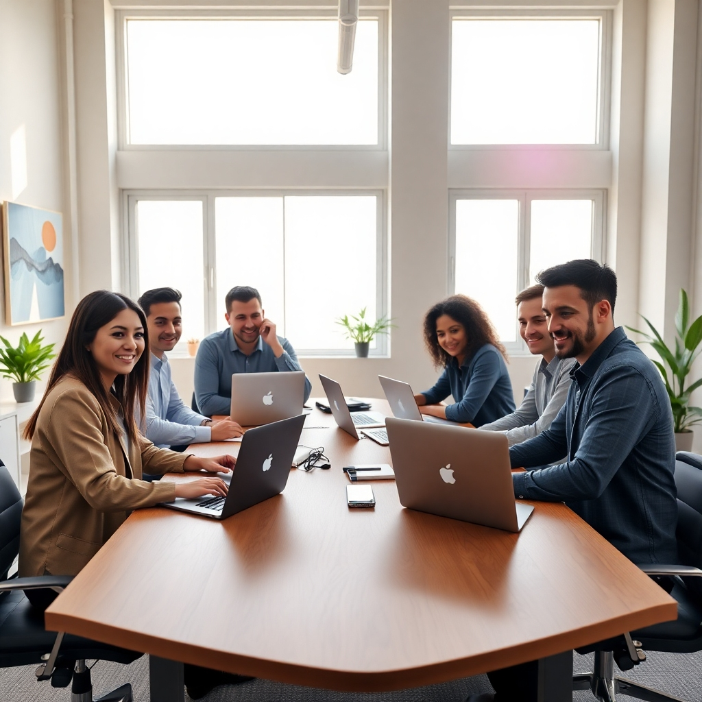 Generate a photorealistic, ultra-high quality header image (8K resolution, hyperrealistic style) for a web development business called CreateZite.  The image should feature a clean, modern office space with large windows letting in soft, natural light. The color palette should be primarily warm and inviting, with shades of beige, light grey, and muted blues.  The mood should feel professional, innovative, and trustworthy. The composition should center on a team of diverse, happy developers collaborating around a large table, working on a website design.  The camera angle should be slightly elevated, providing a dynamic yet professional viewpoint. The table should have sleek, modern design with wood-like texture, and the developers should be using Apple MacBook Pros and other high-tech devices. There should be subtle background elements suggesting creativity and innovation, such as abstract geometric artwork on the wall, potted plants, and a clean minimalist aesthetic. The developers should be dressed in modern, casual business attire.  The overall style should evoke a sense of calm professionalism, taking inspiration from the photography styles of Annie Leibovitz and Peter Lindbergh, combined with the sleek, minimalist feel of Apple product shots.  The image should feel clean, bright, and inspiring. Add subtle lens flares for a more cinematic feel. The image should convey the feeling that CreateZite is a forward-thinking, professional, and creative web development company., ultra high resolution, photorealistic, 8K, hyperdetailed, cinematic lighting