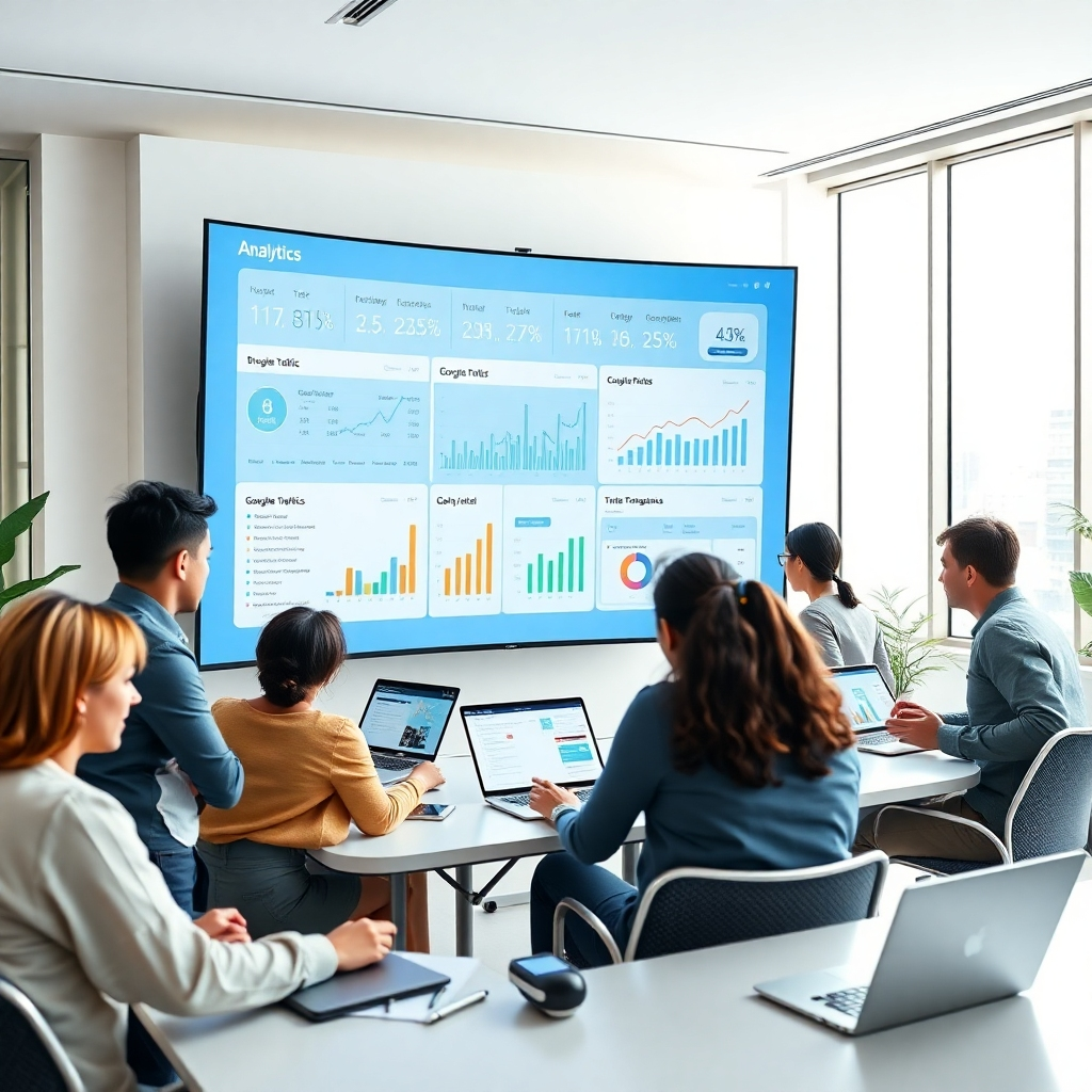 Generate a photorealistic, ultra-high quality 8K resolution header image for a digital marketing business specializing in Google Analytics 4 (GA4), Facebook Pixel, TikTok Pixel, and Google Tag Manager (GTM) installation and setup.  The image should depict a modern, clean, and brightly lit office space with a team of diverse professionals collaborating around a large, curved screen displaying interactive data visualizations of website traffic, conversion rates, and social media engagement. The screen should show key performance indicators (KPIs) related to GA4, Facebook Pixel, and TikTok Pixel. The color palette should be clean and professional, using shades of blue, green, and white to represent technology and growth. The mood should be positive, energetic, and confident. The camera angle should be a slightly high-angle shot, looking down on the team, emphasizing their collaboration and the importance of the data displayed. The team should appear diverse and represent different skillsets. Textures should include the smooth glass of the screen, the sleek metal of laptops, and the soft texture of clothing. Environmental elements should include a clean and modern office space with minimalist decor. Props should include laptops, smartphones, and tablets displaying data dashboards and charts. Background details should suggest a bustling, innovative tech company environment. The overall style should reference high-end corporate photography, focusing on clean lines and vibrant colors. The image should exude a feeling of professionalism, expertise, and innovation. The lighting should be soft, natural light coming from a large window, creating a bright and airy atmosphere. The image must be hyperrealistic, detailed, and highly polished., ultra high resolution, photorealistic, 8K, hyperdetailed, cinematic lighting