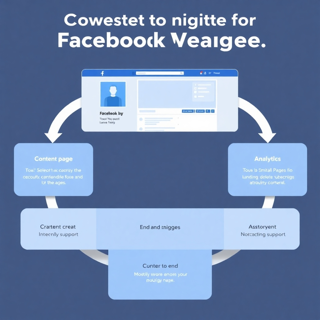 Illustrate the complete workflow of creating and maintaining a Facebook page: design, content creation, analytics, and ongoing support. Showcase the end-to-end process.