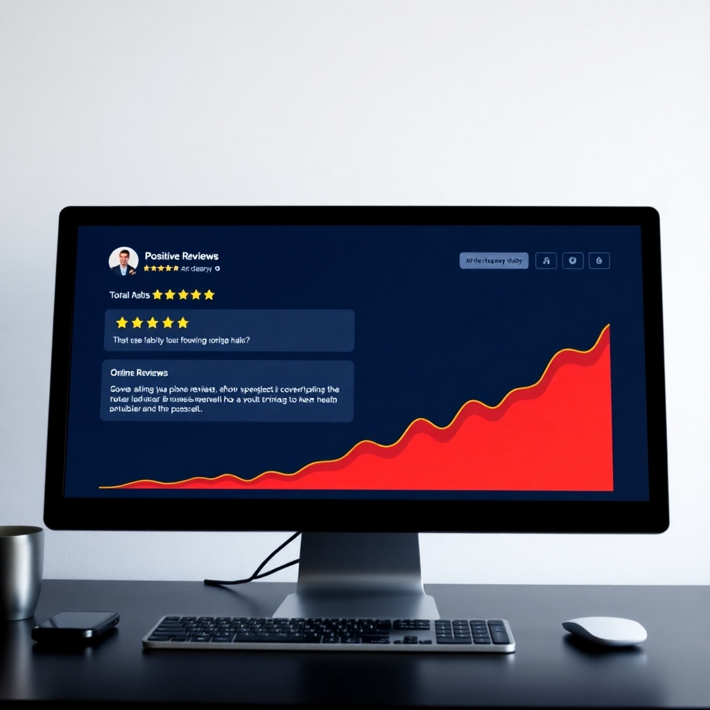 Image of a computer screen showing positive online reviews and bookings, with a graph indicating increased traffic and awareness