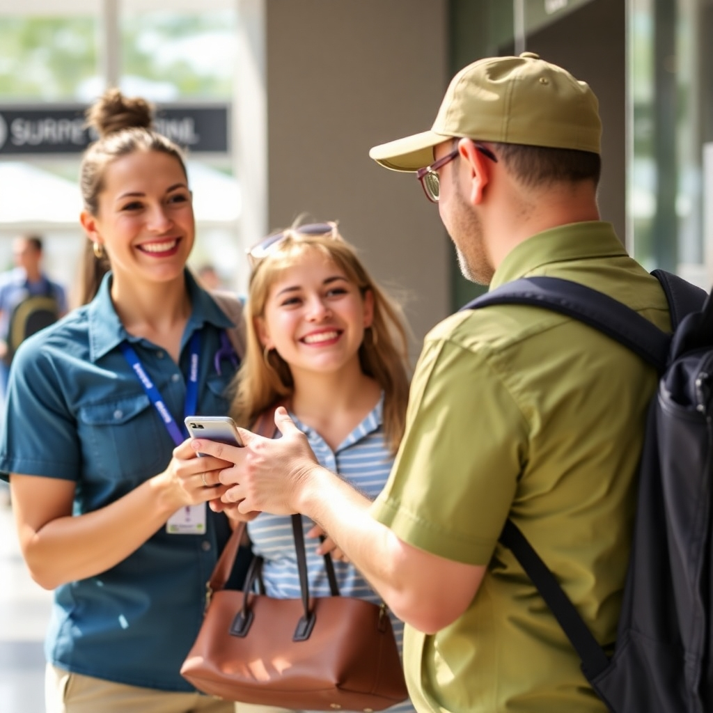 Image of a friendly staff member assisting a happy tourist. Focus on professionalism and excellent service.
