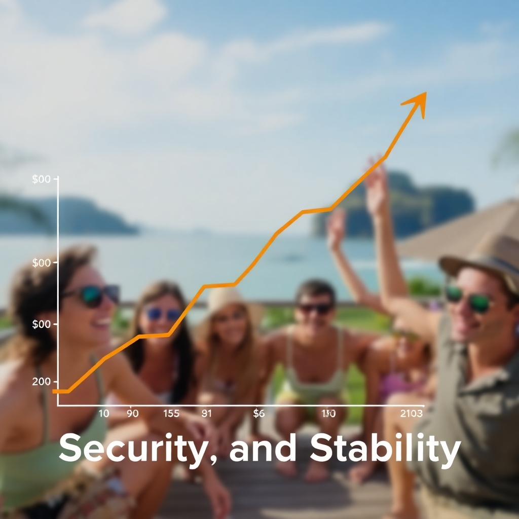 Image of a steadily increasing graph representing consistent bookings and income, overlayed on a slightly blurred image of happy tourists enjoying a Thai vacation home.  Focus on security and stability