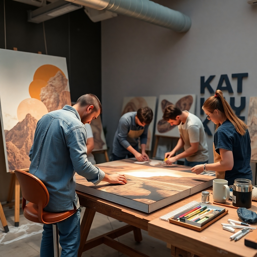 Image of the KAT studio team working on the creation of the canvas prints. 4K resolution.