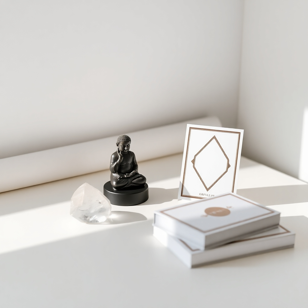 Minimalist desk setting with a few carefully curated spiritual items. A single crystal, a small buddha statue, and a sleek oracle card deck. Neutral colors and clean lines dominate the scene. Soft natural light. The image reflects a modern and sophisticated approach to spirituality.