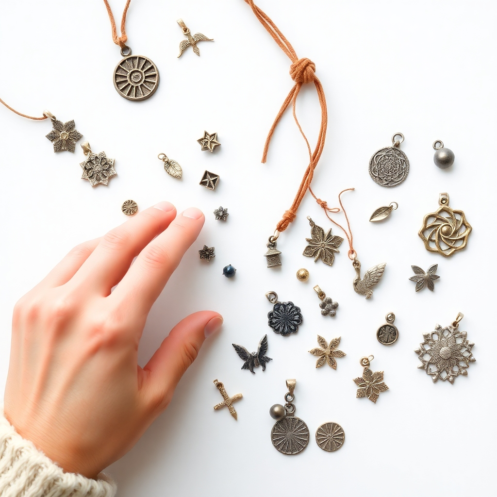 Overhead shot of a hand picking from a selection of minimalist charms and amulets on a white surface. The charms are small, elegant, and subtly mystical. Focus on the textures and details of the items. The image promotes mindful selection and purposeful accumulation.