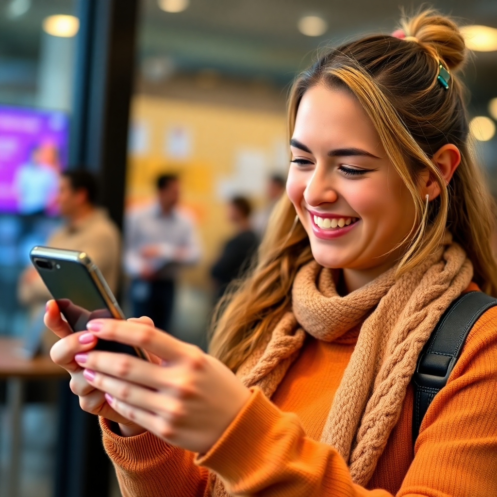 Photo of a person easily navigating a user-friendly website on their phone, with a happy expression. Background should be blurred to emphasize the ease of use