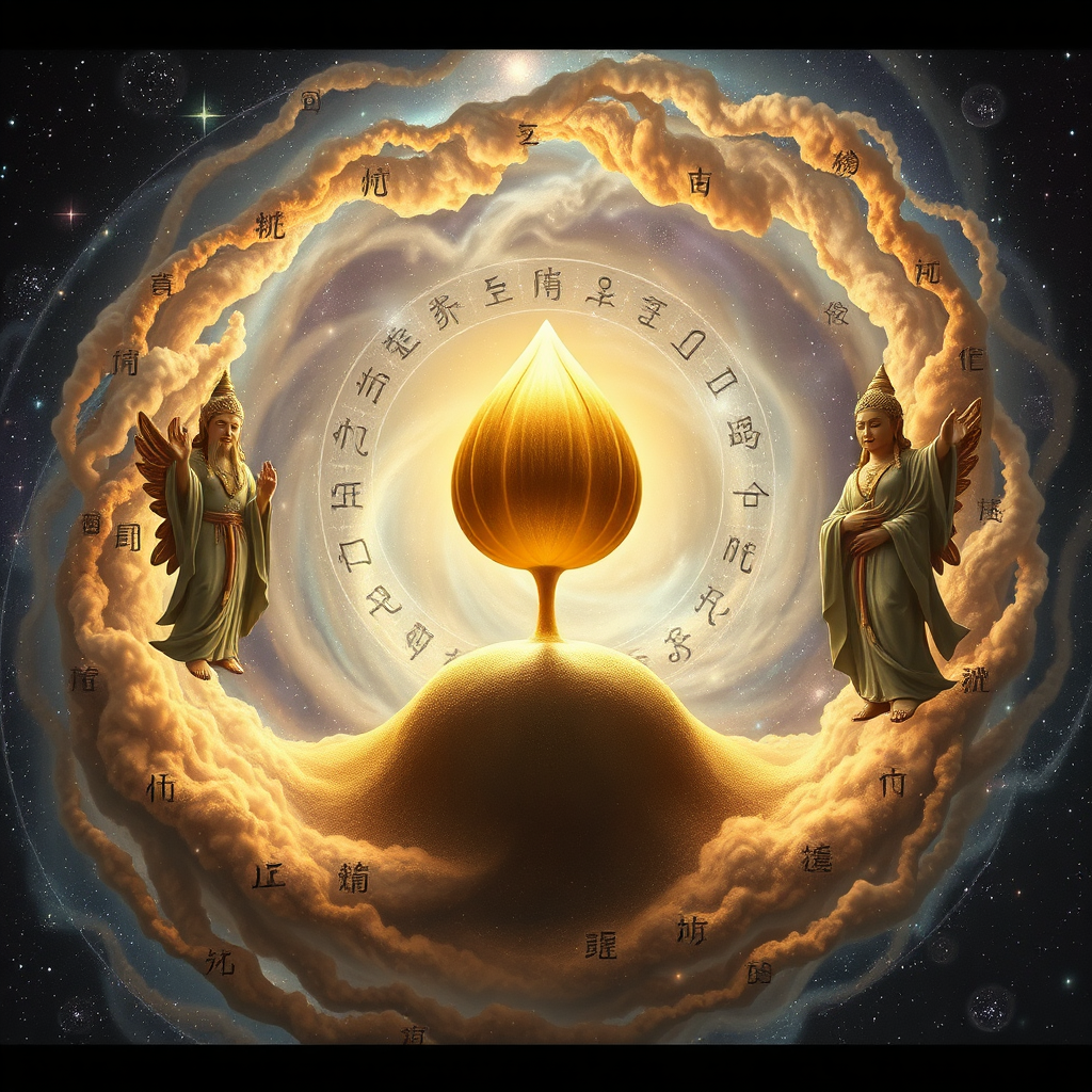 Photorealistic 8K resolution hero image. A swirling galaxy of stars and nebulae forms the backdrop. In the center, a golden seed sprouts, radiating light. Around the seed, celestial figures representing different zodiac signs and deities offer blessings. Ancient Thai script subtly overlays the scene. The lighting is soft and ethereal, with a color palette of gold, deep blues, and purples. Camera angle is a wide shot capturing the vastness of space and the intricate details of the seed and celestial figures. Texture details include the shimmering dust of the nebula, the smooth surface of the seed, and the ornate garments of the deities. This image should evoke a sense of hope, destiny, and spiritual guidance, reminiscent of Art Nouveau style with a touch of Thai cultural elements. Hyperrealistic rendering.
