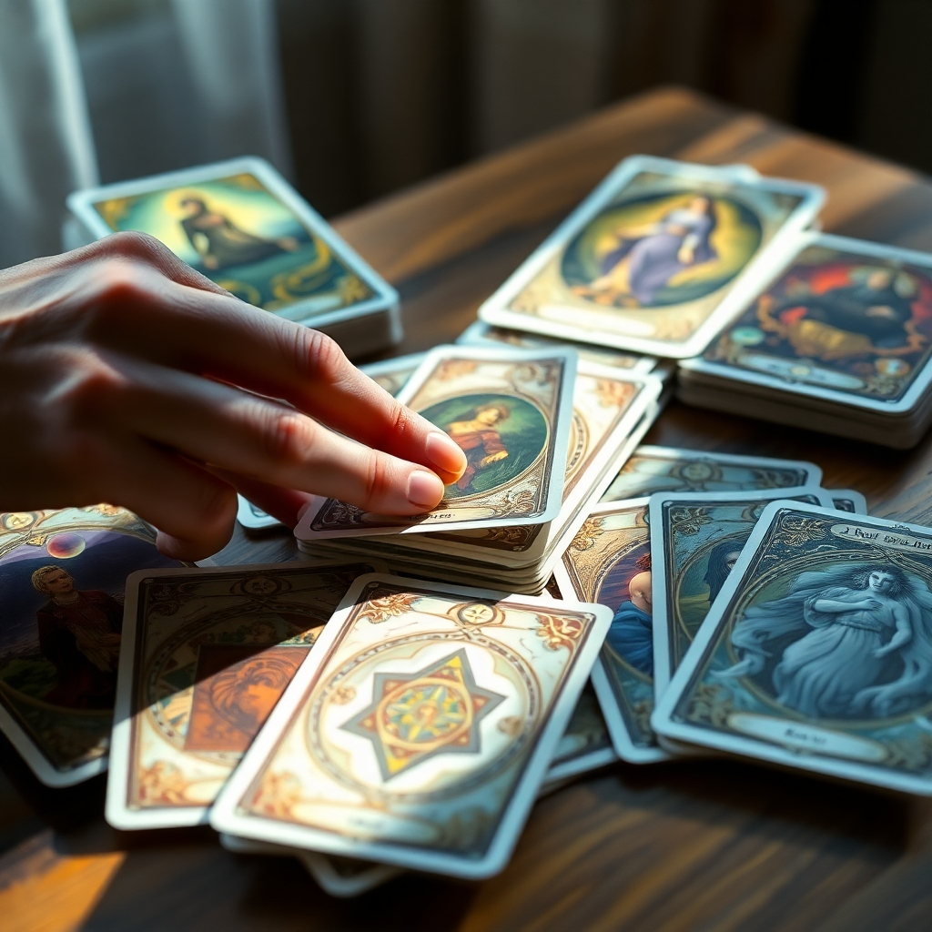 Photorealistic close-up of various oracle card decks with different art styles, displayed on a wooden table. Soft, diffused natural light illuminates the cards, highlighting the intricate details and unique designs. A hand gently selects a card from a deck, suggesting the act of choosing the right deck for oneself. The background is slightly blurred, focusing attention on the cards themselves. The overall mood is inviting and mystical.