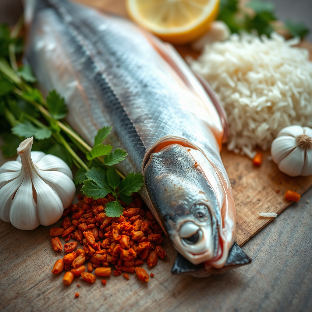 Photorealistic close-up shot of fresh ingredients used in 'ปลาส้ม' and 'ปลาร้า' production. The composition should feature fresh fish, high-quality rice, garlic, herbs, and spices arranged on a clean wooden surface. Highlight the textures and colors of the ingredients with soft, natural lighting. Emphasize the freshness and quality. 4K resolution.