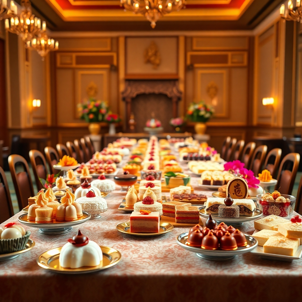 Photorealistic image, 8K resolution, hyperrealistic detail.  A meticulously arranged assortment of traditional Thai desserts on a long, ornate table, bathed in soft, warm lighting. The color palette is rich and vibrant, featuring the natural hues of the ingredients.  The scene is set in a beautifully decorated Thai-style event hall with subtle ambient lighting. The camera angle is slightly elevated, showcasing the entire spread.  Textures and materials are highly detailed: the smoothness of the coconut milk, the stickiness of the rice, the crispness of the pastry.  Include various auspicious Thai desserts such as Khanom Chan, Thong Yip, and Foi Thong. The background subtly suggests a festive occasion, perhaps with elegant floral arrangements. Style reference:  works of renowned Thai food photographers.  Focus on the mouthwatering appeal and cultural significance of the desserts. The image should evoke a sense of celebration and tradition.
